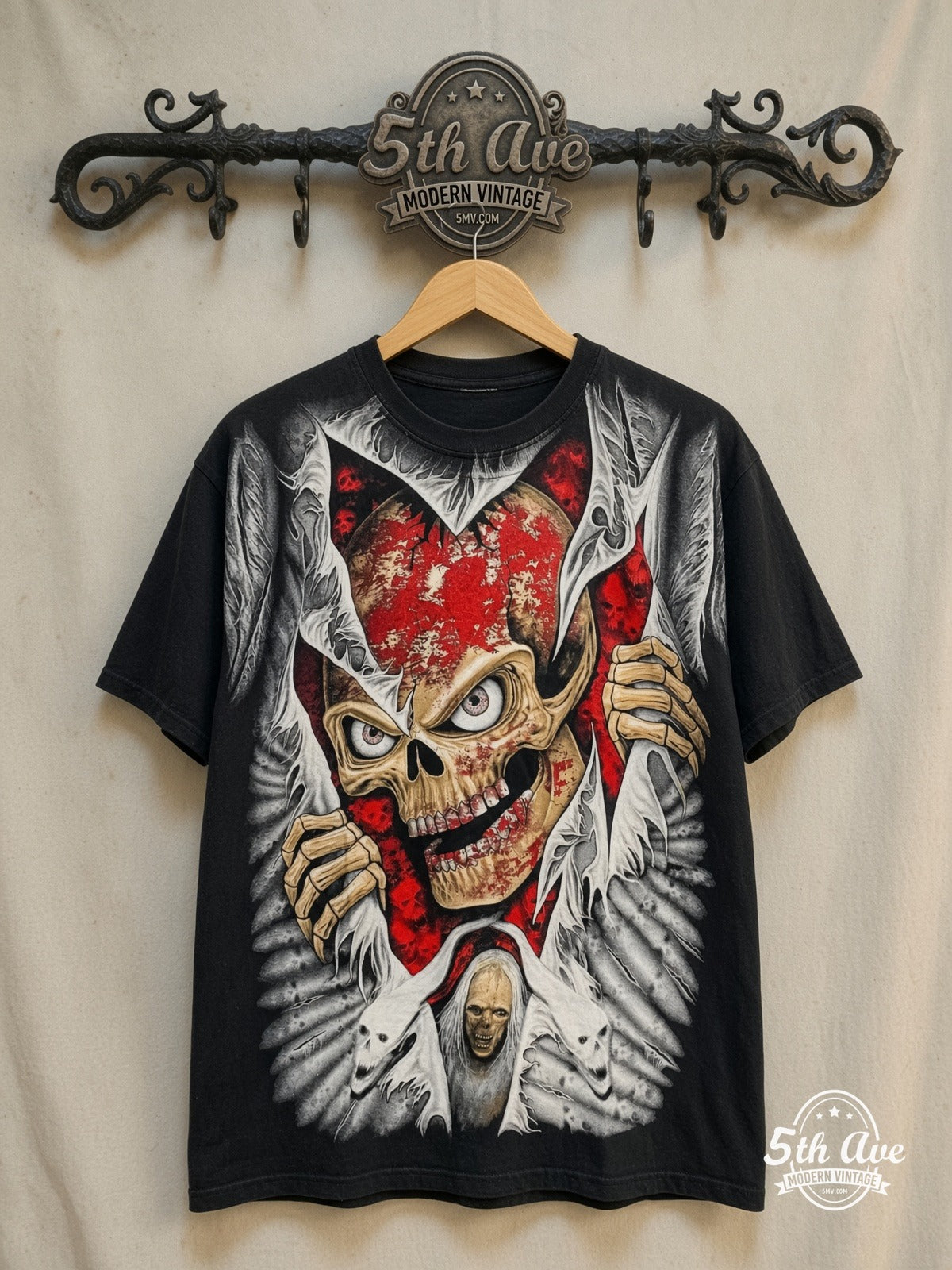 Reaper and Skulls – All-Over Print Graphic – Vintage Graphic Tee — front on locked cream ornate 5th Ave rack