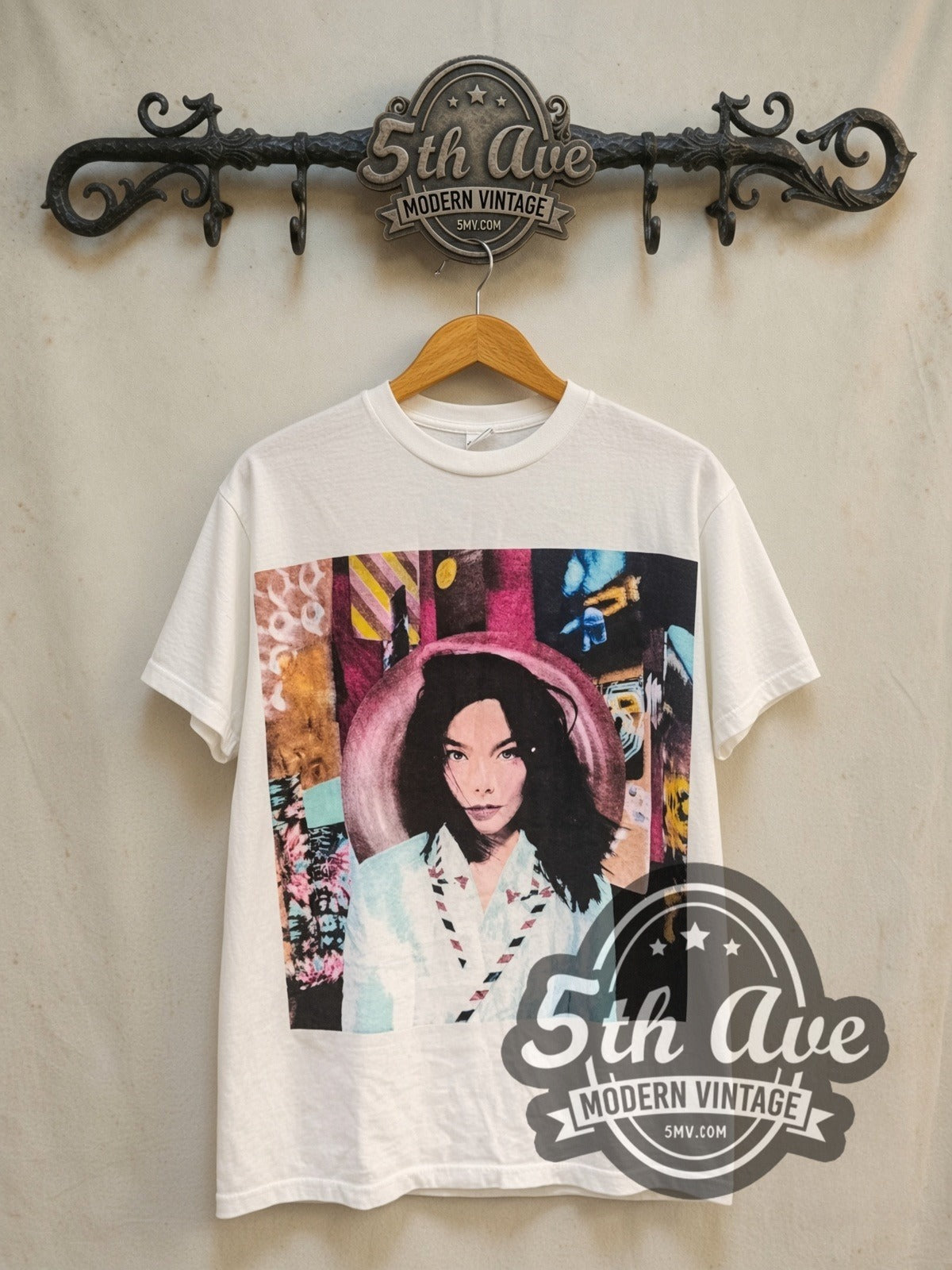 Bjork 'Post' the second studio album vintage band t-shirt in white, front view on a display rack