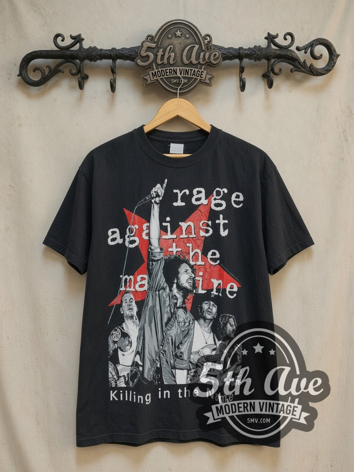 Rage Against the Machine Killing in the Name vintage band t-shirt, front view on a display rack