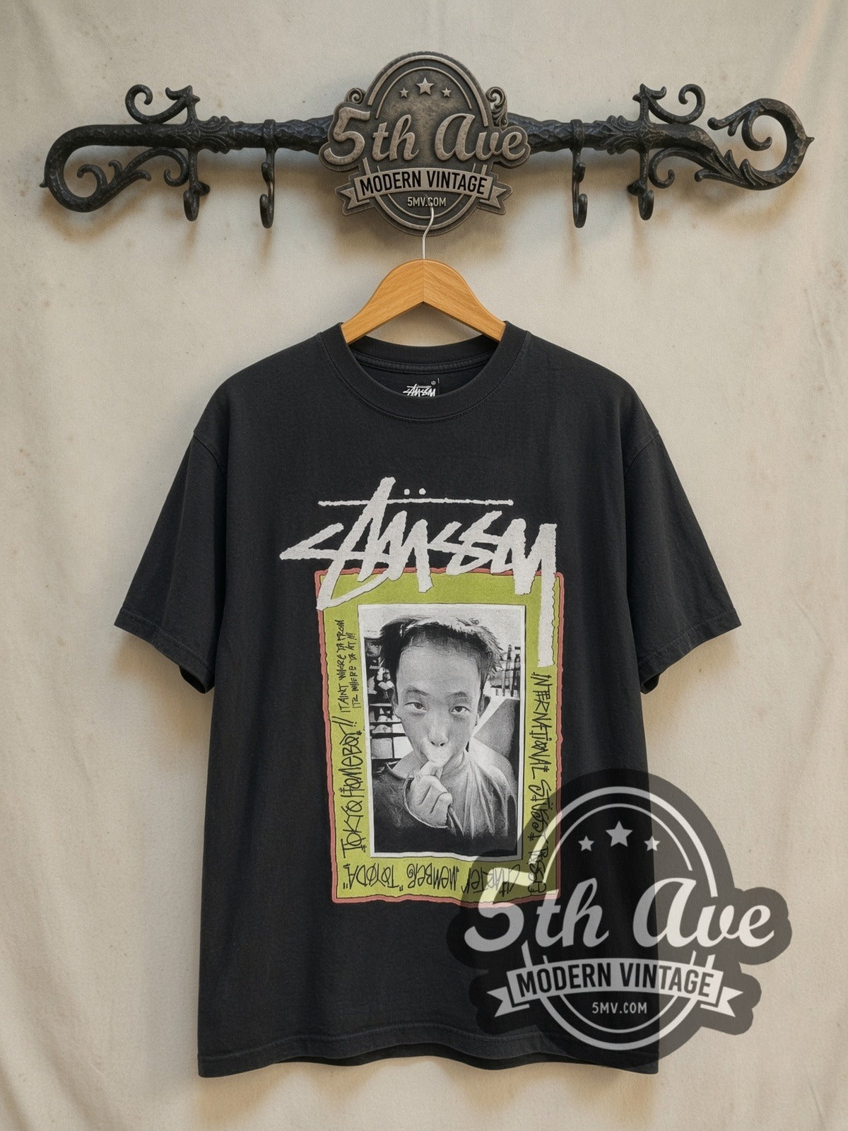 Stussy Tokyo Homeboy Toyoda vintage graphic tee in black, front view on the 5MV rack