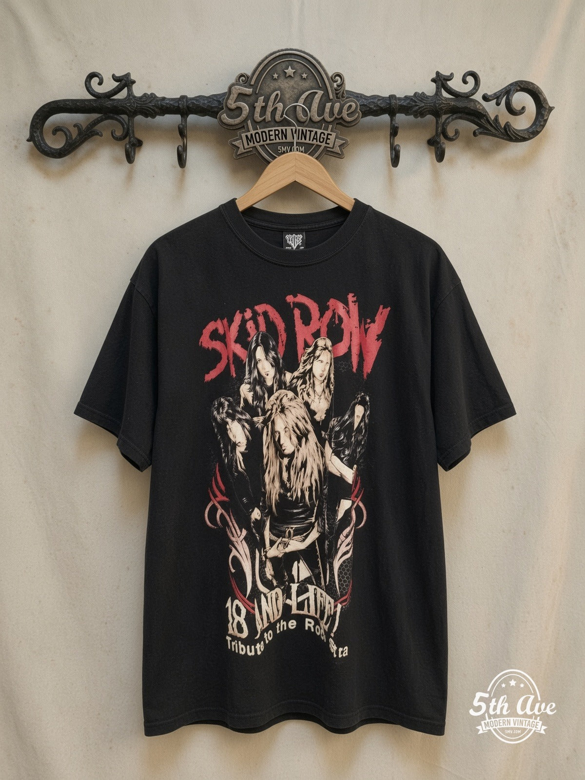 Skid Row – 18 and Life – Vintage Band T-Shirt — front on locked cream ornate 5th Ave rack