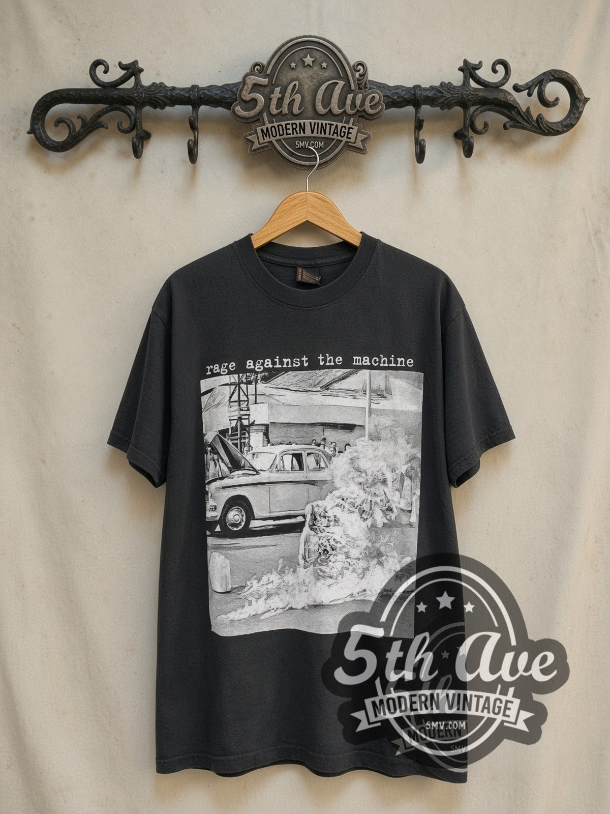 Rage Against the Machine Burning Monk Monochrome vintage band t-shirt in black, front view on the 5MV rack