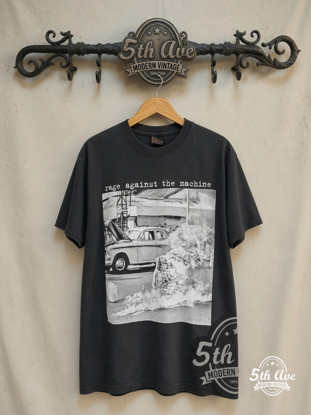 Rage Against the Machine – Burning Monk Monochrome – Vintage Band T-Shirt front on locked cream ornate 5th Ave rack