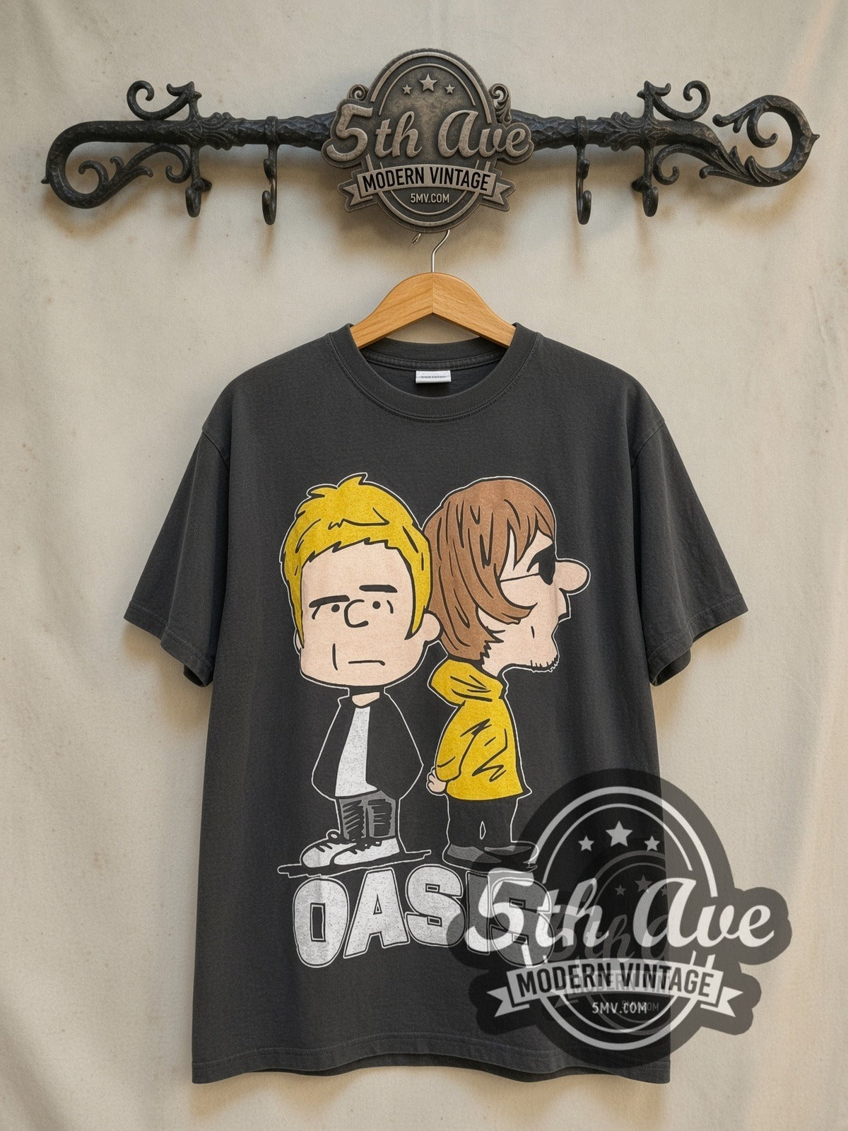 Oasis x Peanuts Snoopy graphic tee in black, front view on a display rack