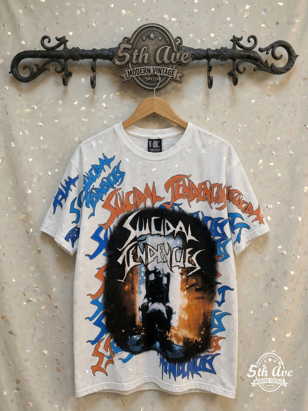 Suicidal Tendencies – Electric Chair White All Over Print – Vintage Band T-Shirt — front on locked cream ornate 5th Ave rack