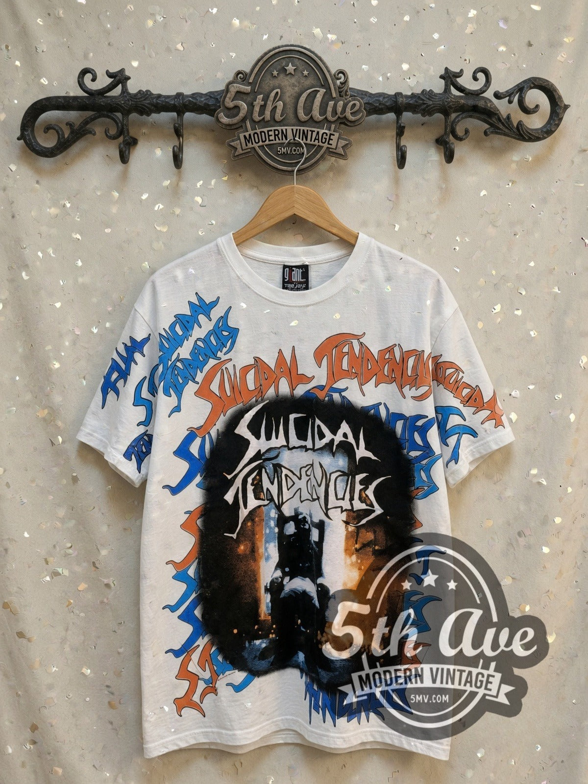 Suicidal Tendencies Electric Chair all-over-print vintage band t-shirt in white, front view on a display rack