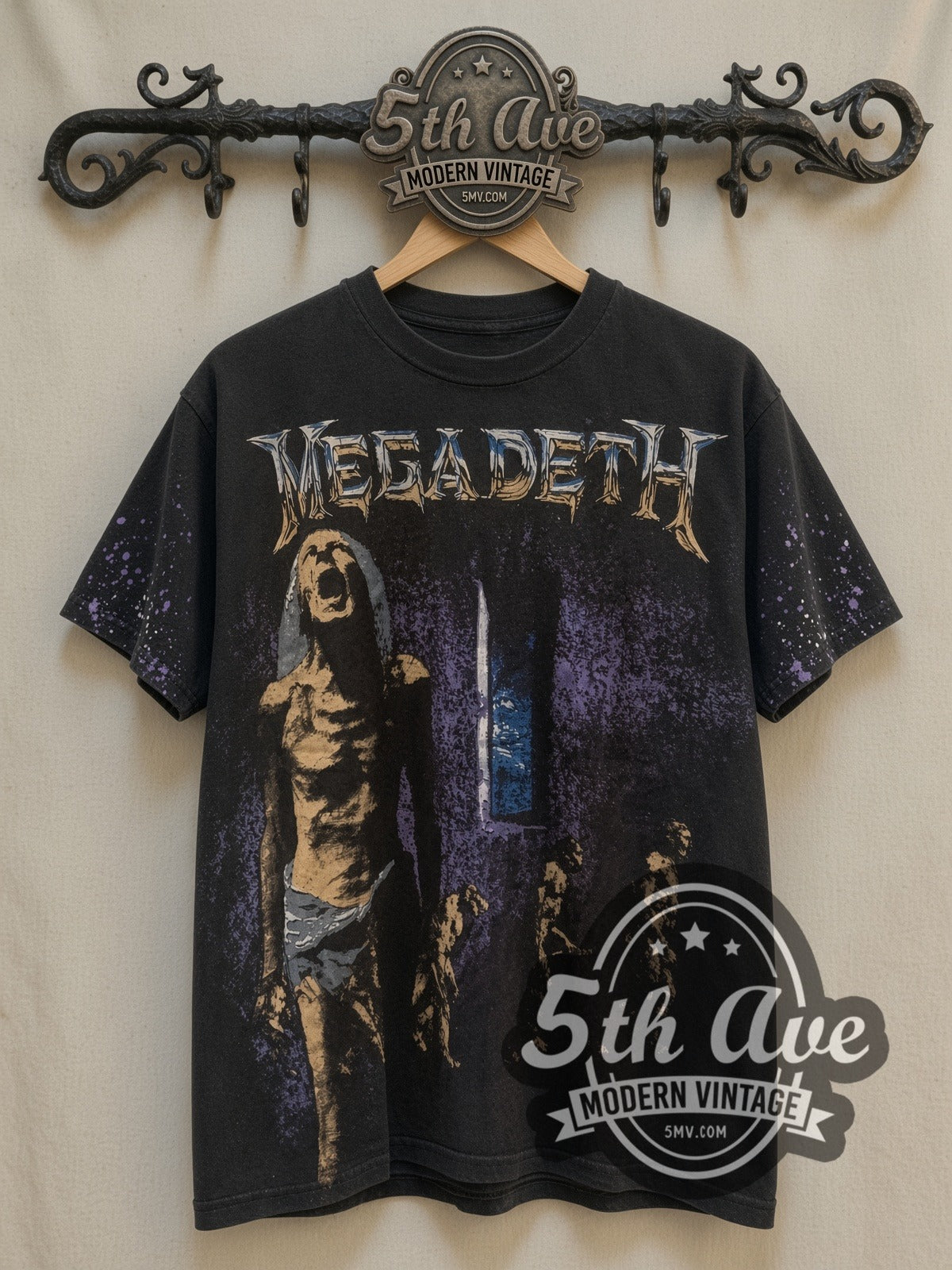 Megadeth OVERPRINT vintage band t-shirt, front view on a display rack