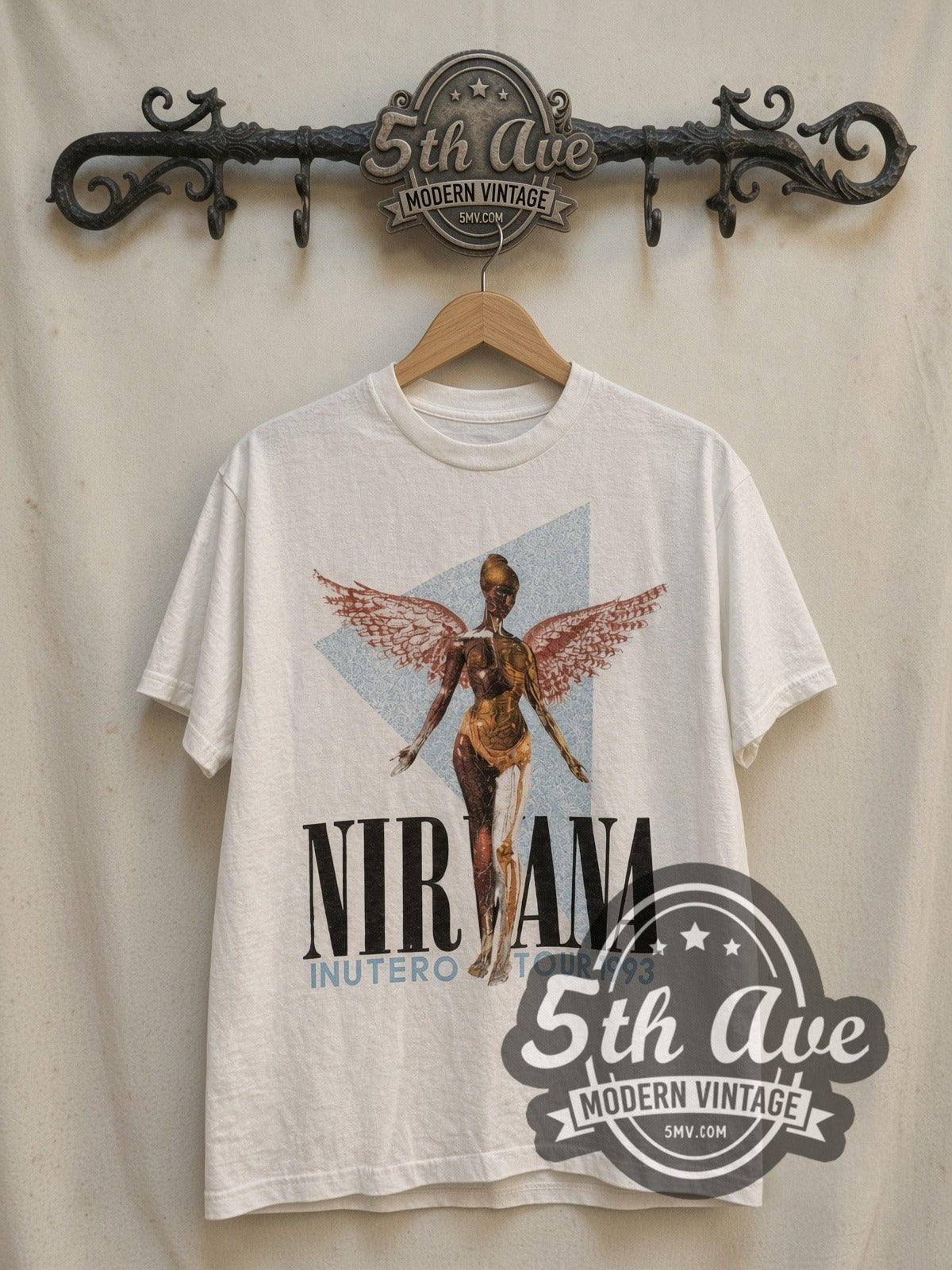 Nirvana In Utero Tour 1993 vintage band t-shirt in white, front view on the 5MV rack