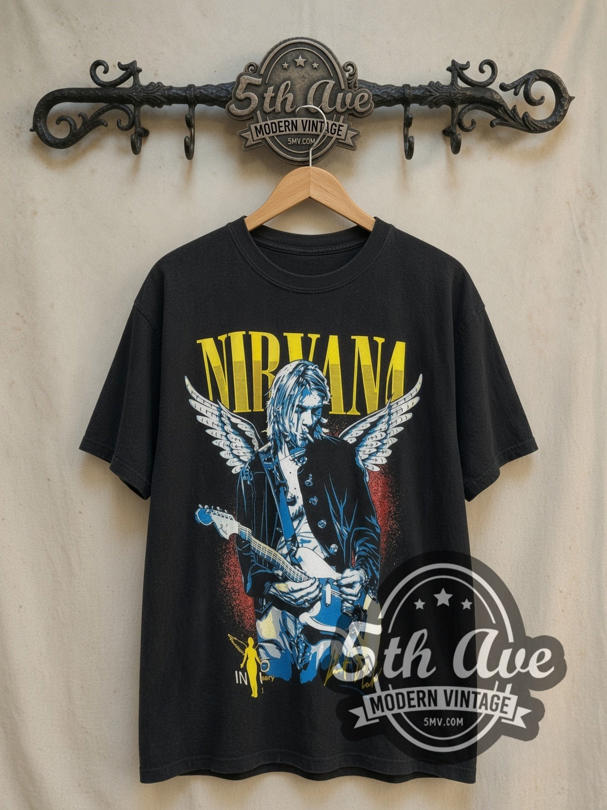 Kurt Cobain / Nirvana vintage band t-shirt, front view on the 5MV rack