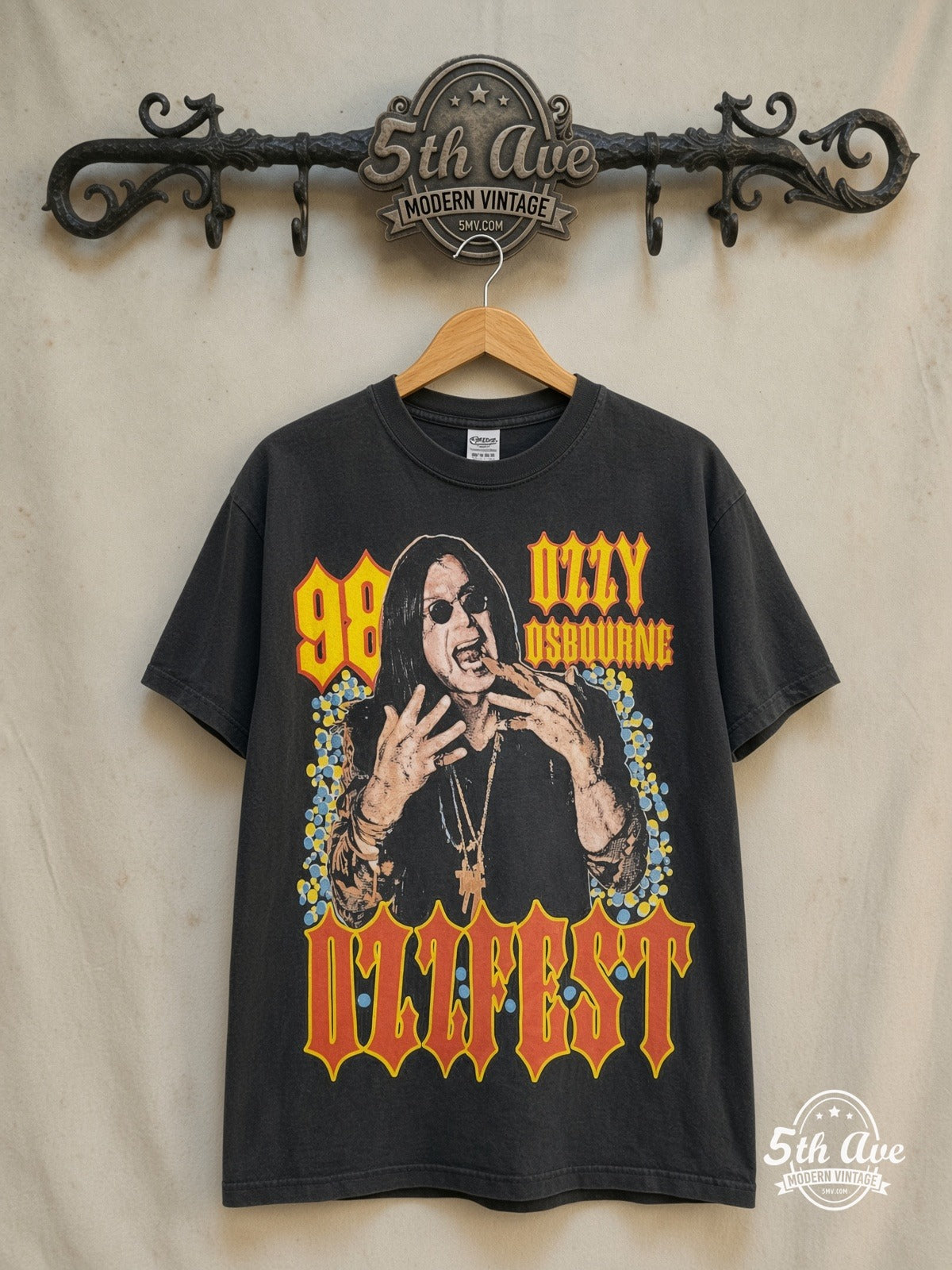Ozzy Osbourne – Ozzfest' Tour 1998 – Vintage Band T-Shirt — front on locked cream ornate 5th Ave rack