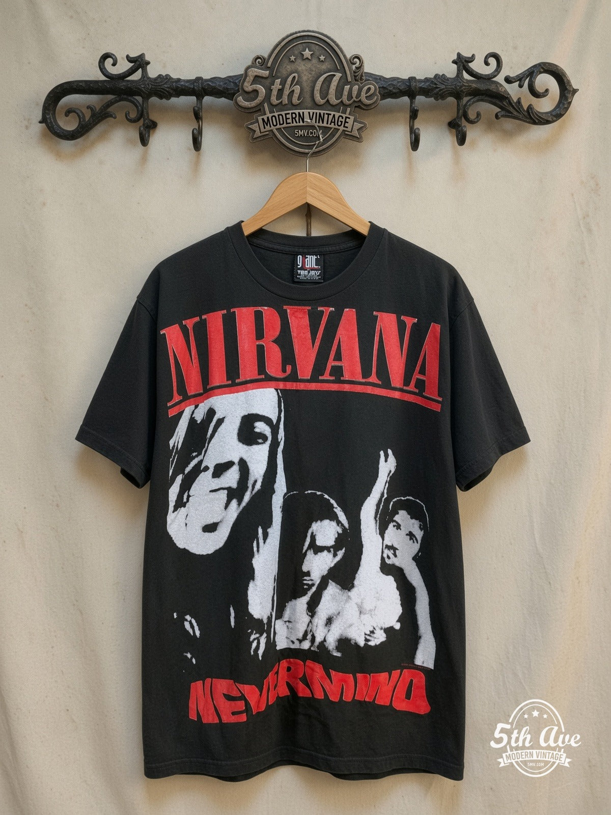 Nirvana – Nevermind Grunge Is Dead – All Over Print – Vintage Band T-Shirt — front on locked cream ornate 5th Ave rack