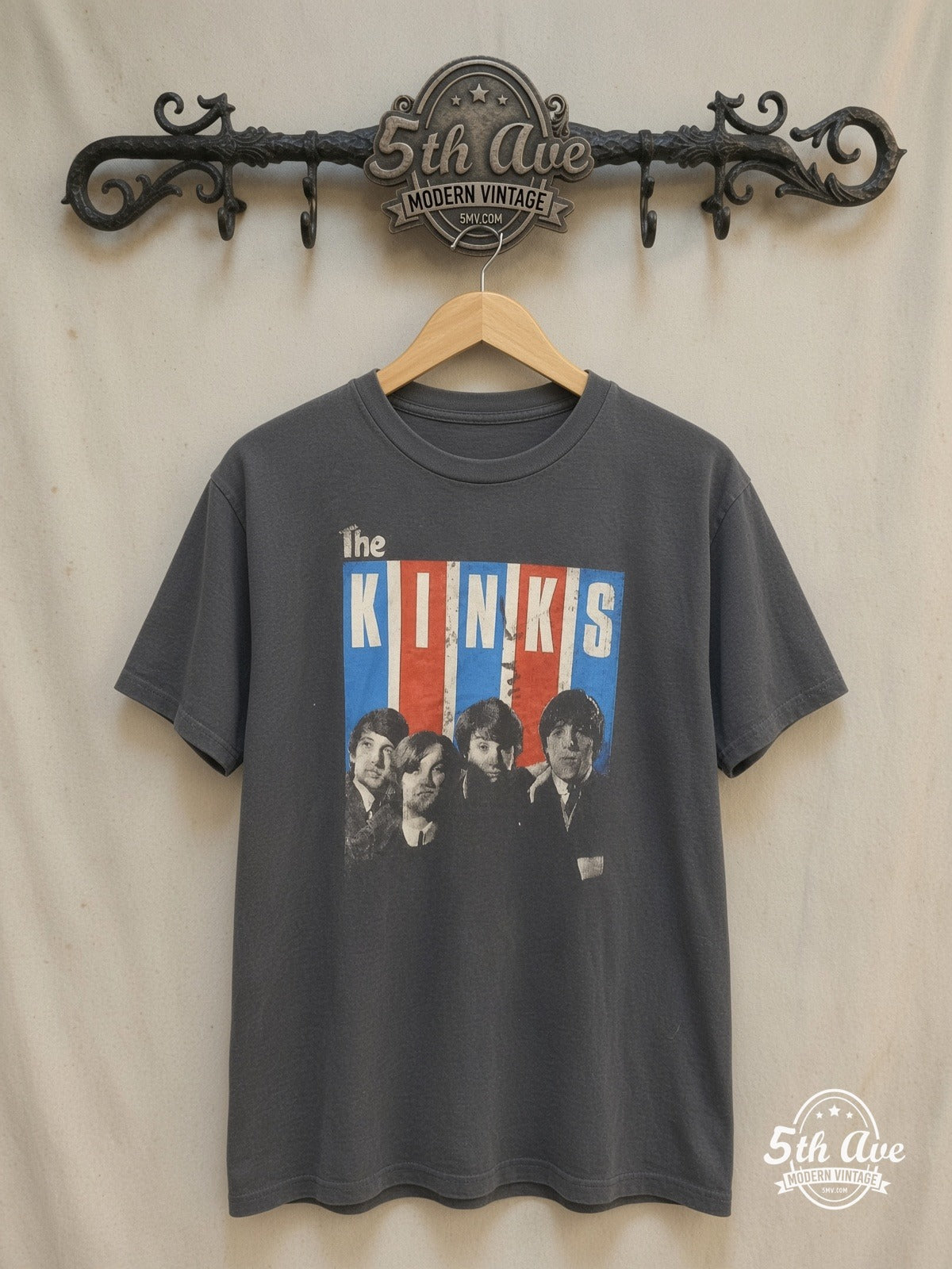 The Kinks – Vintage Band T-Shirt — front on locked cream ornate 5th Ave rack