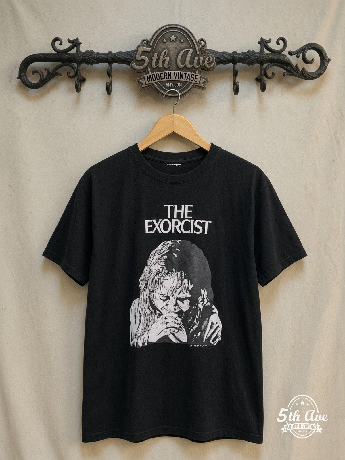 The Exorcist – Vintage Movie Tee — front on locked cream ornate 5th Ave rack