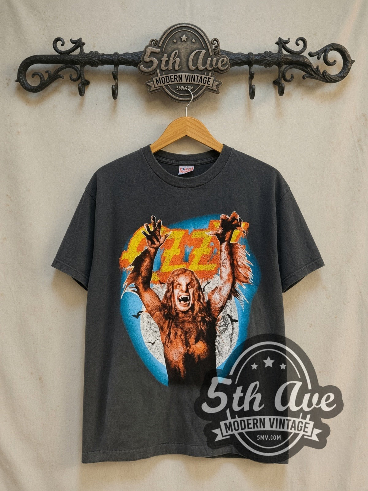 Ozzy Osbourne RULES 1984 Bark at the Moon vintage band t-shirt in black, front view on a display rack