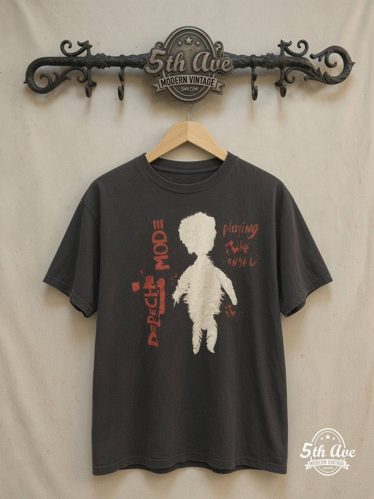 Depeche Mode – Playing the Angel – Vintage Band T-Shirt — front on locked cream ornate 5th Ave rack