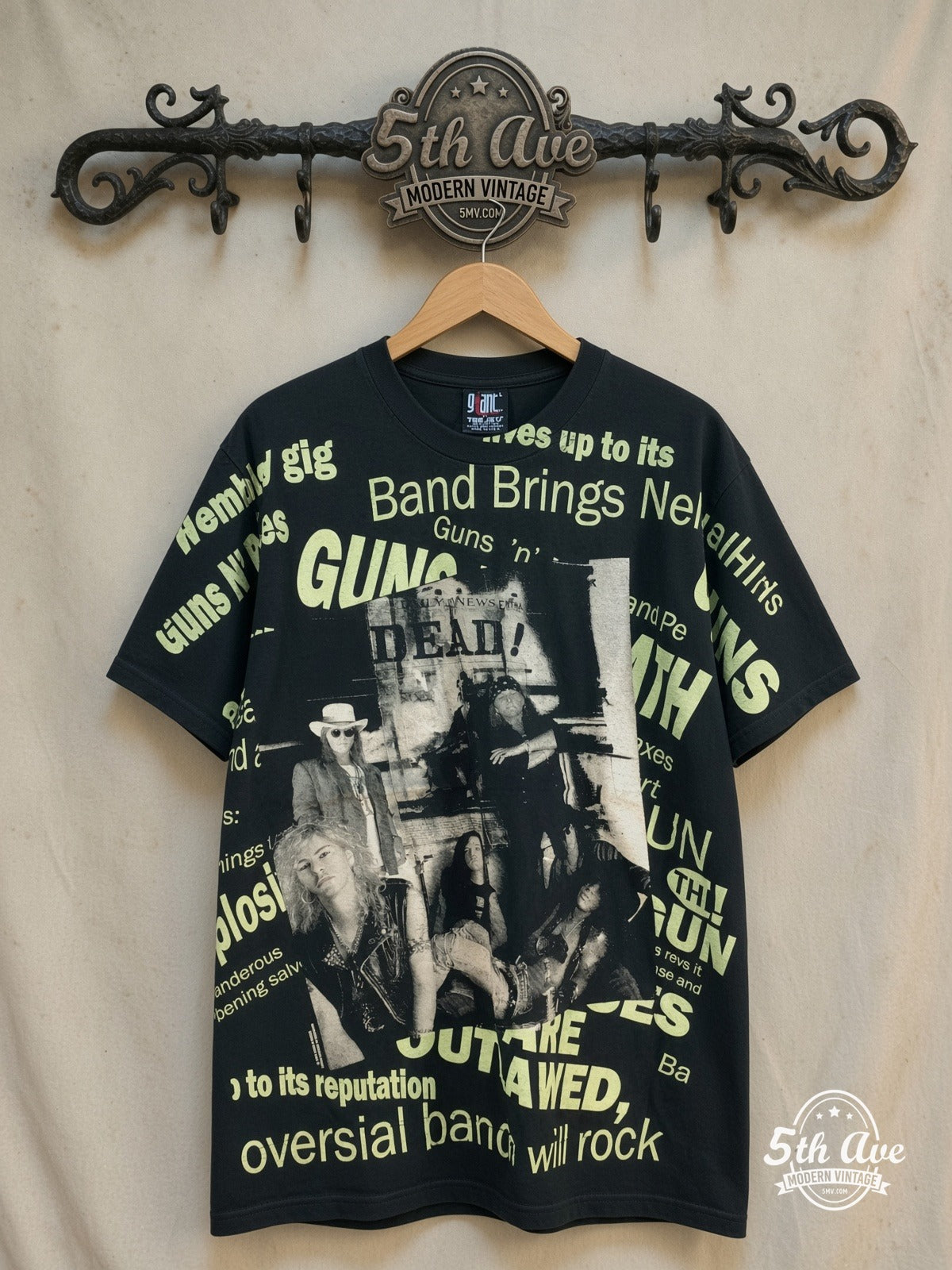 Guns N' Roses – DEAD Newspaper Headlines Black All Over Print – Vintage Band T-Shirt — front on locked cream ornate 5th Ave rack
