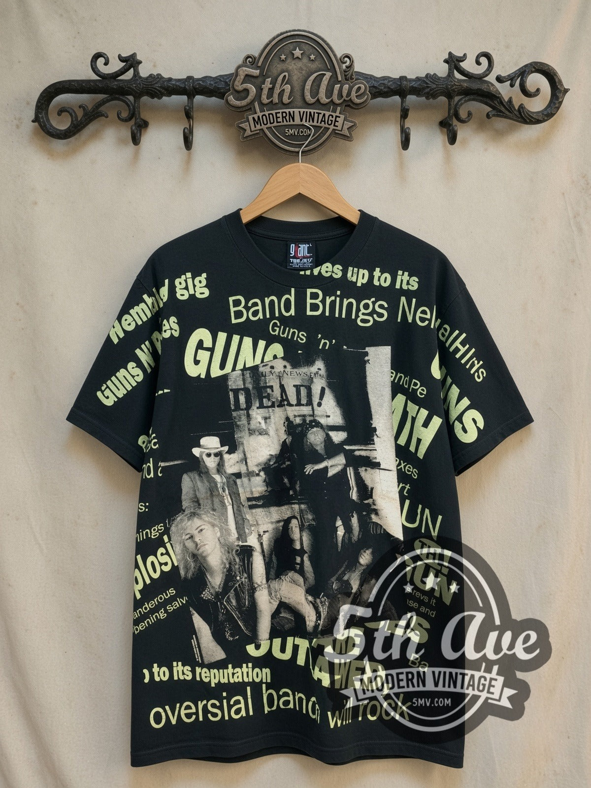 Guns N' Roses DEAD Newspaper Headlines all-over-print vintage band t-shirt in black, front view on the 5MV rack