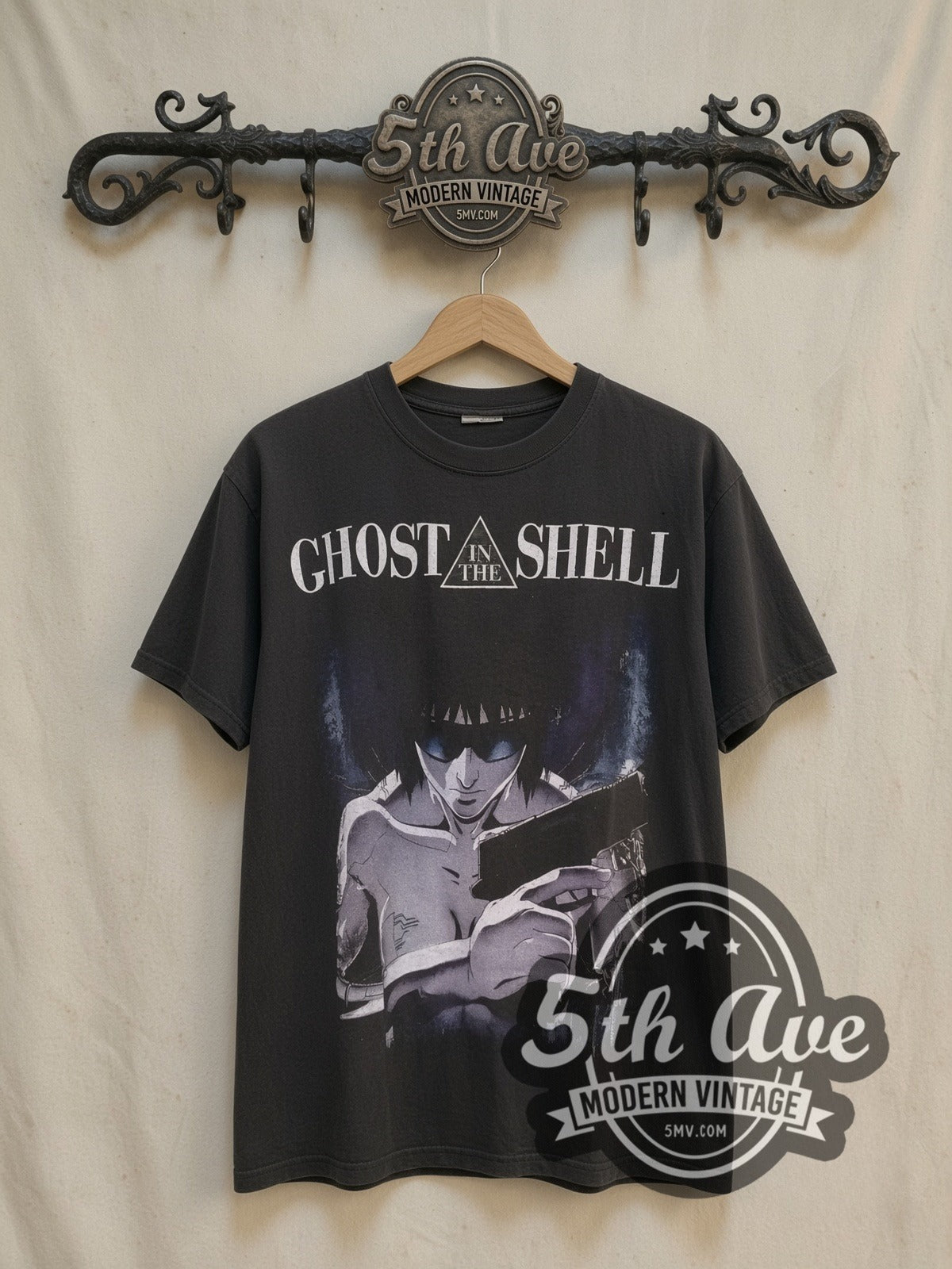 Ghost In The Shell Single Stitch Classic graphic tee, front view on a display rack