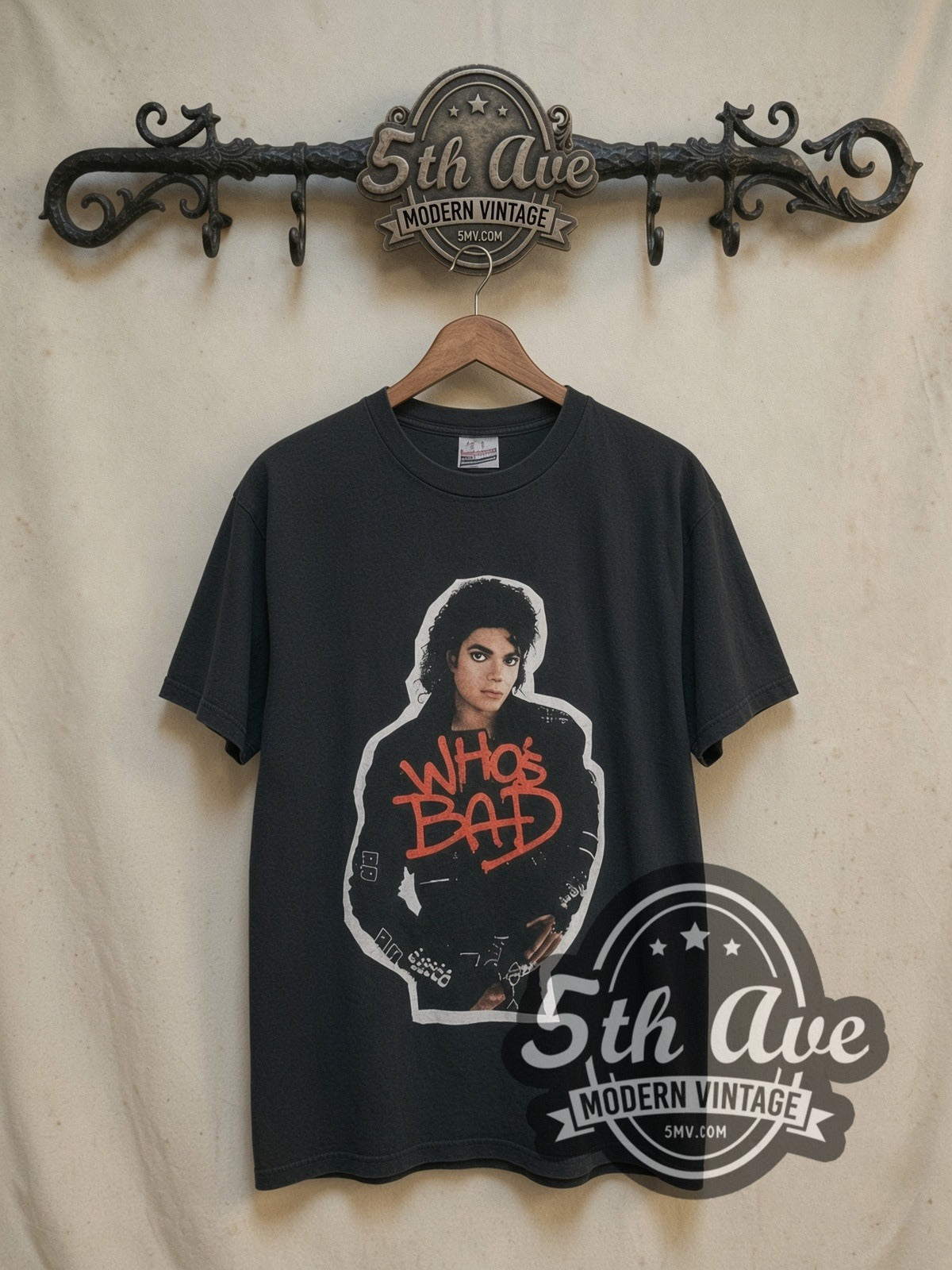 Michael Jackson 1988 Bad Tour vintage band t-shirt, front view on a display rack