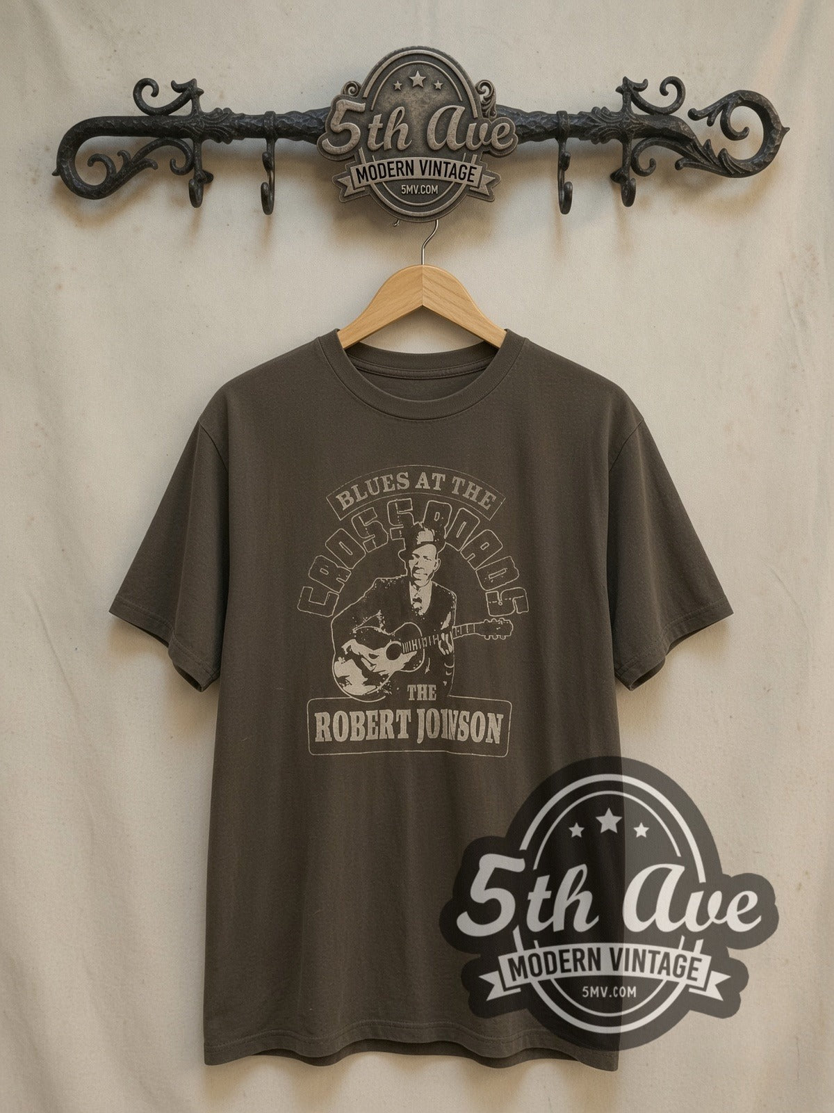 Robert Johnson vintage band t-shirt, front view on a display rack