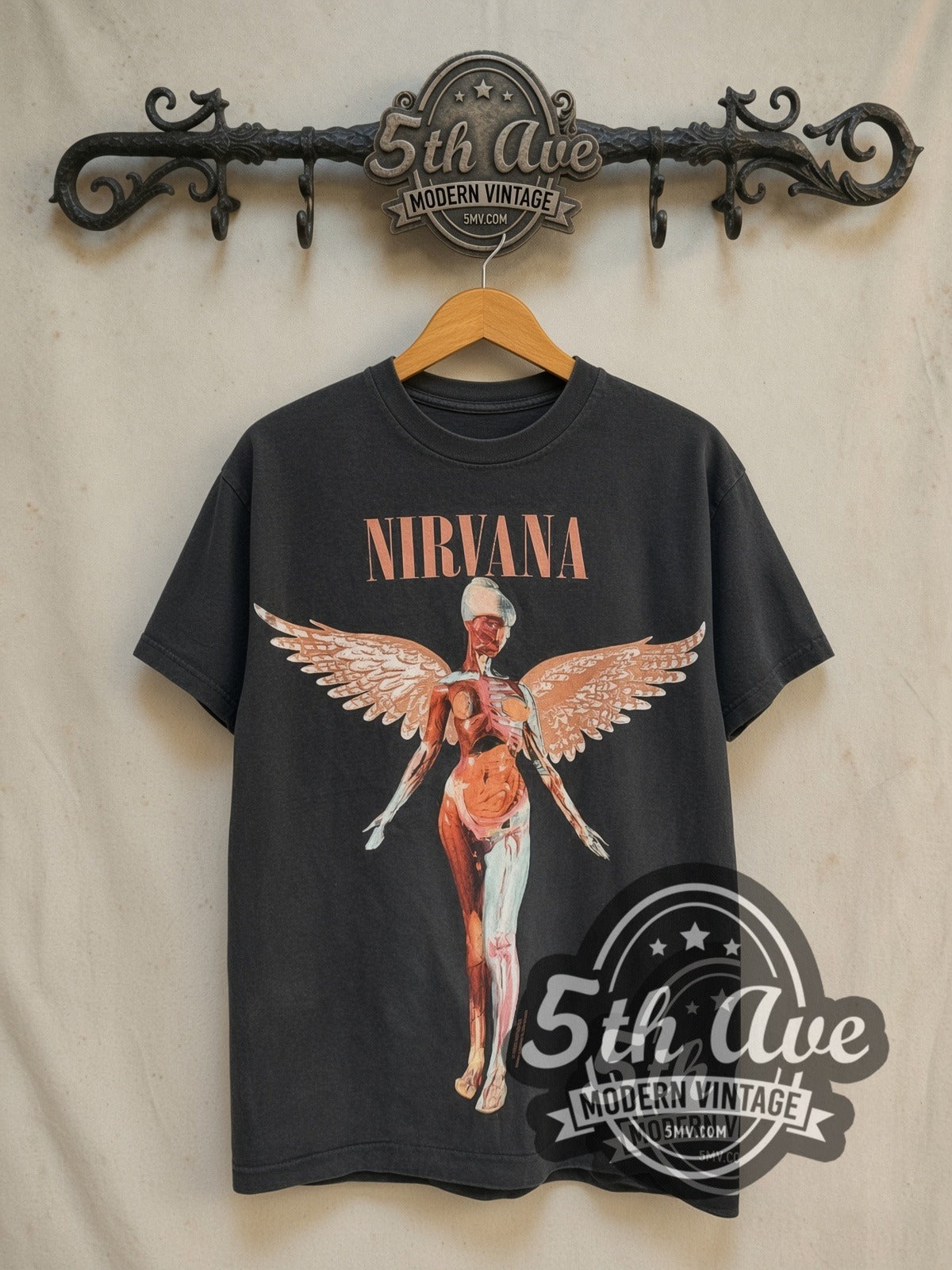 Nirvana In Utero Copper Logo Front-Back Angel vintage band t-shirt in black, front view on the 5MV rack