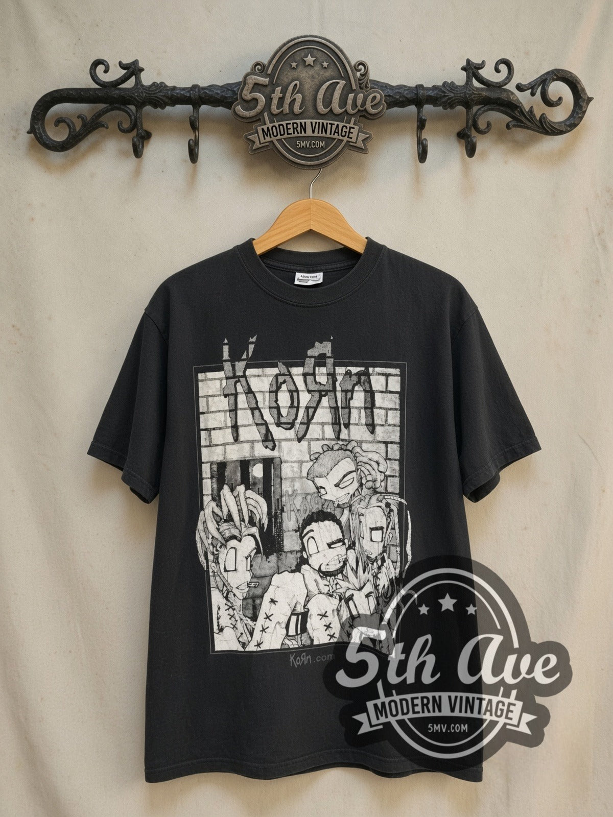 Korn Sick and Twisted Tour 2000 (Monochrome) vintage band t-shirt in black, front view on the 5MV rack