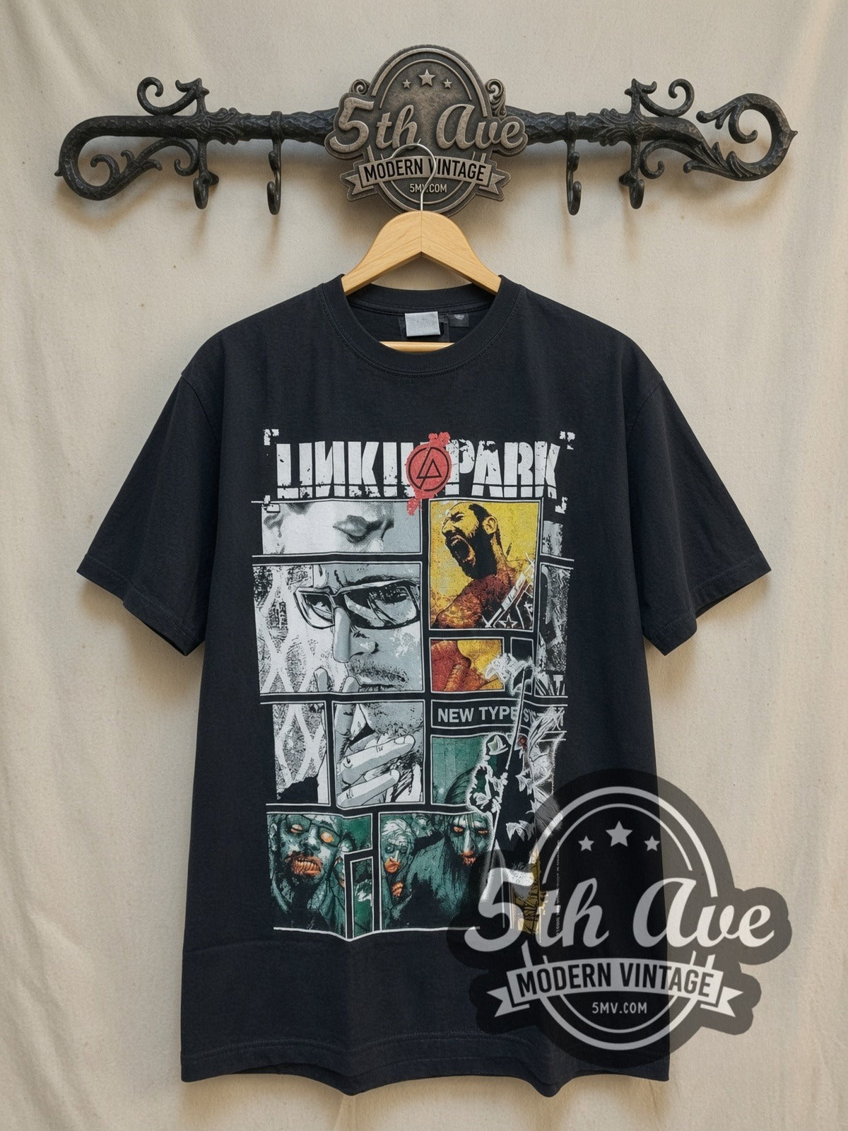 Linkin Park Classic Portrait vintage band t-shirt, front view on a display rack