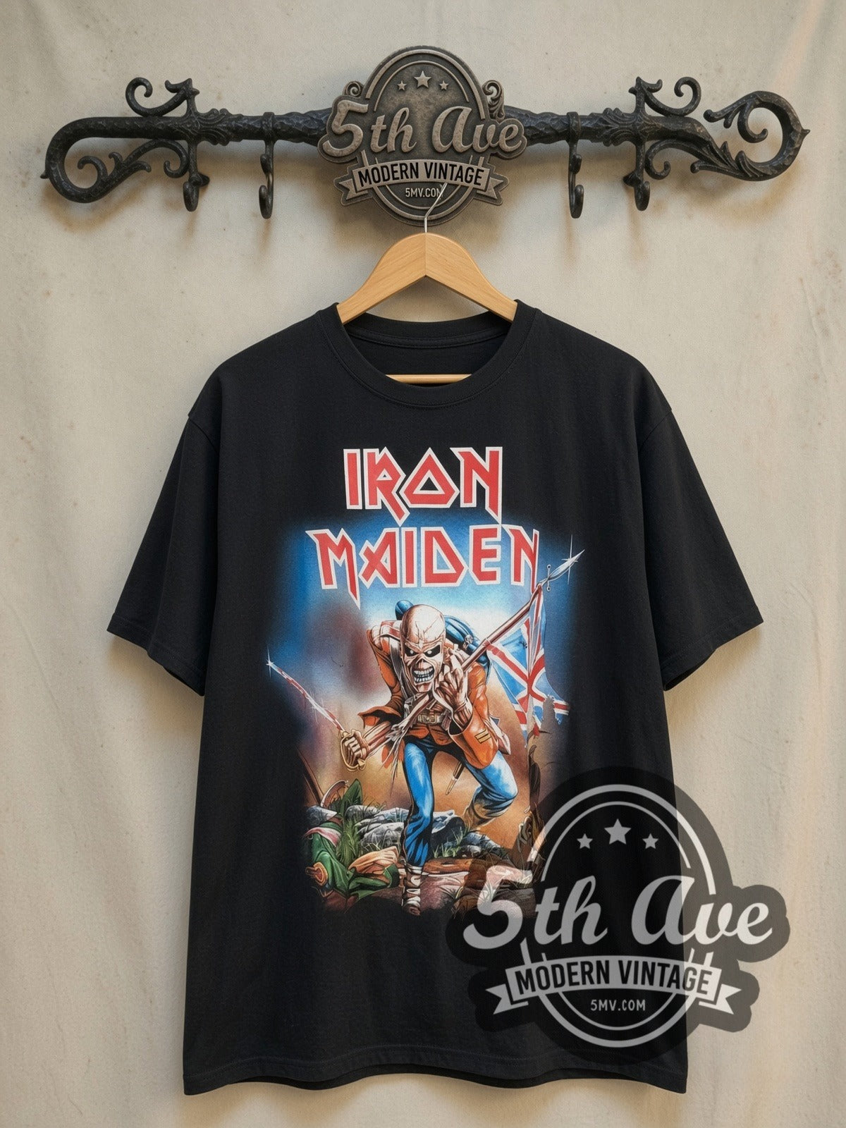 Iron Maiden The Trooper Eddie Union Jack Sabre vintage band t-shirt, front view on the 5MV rack