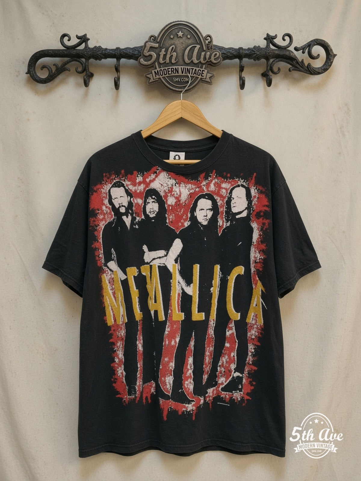 Metallica – 1992 Concert Tour – Vintage Band T-Shirt — front on locked cream ornate 5th Ave rack