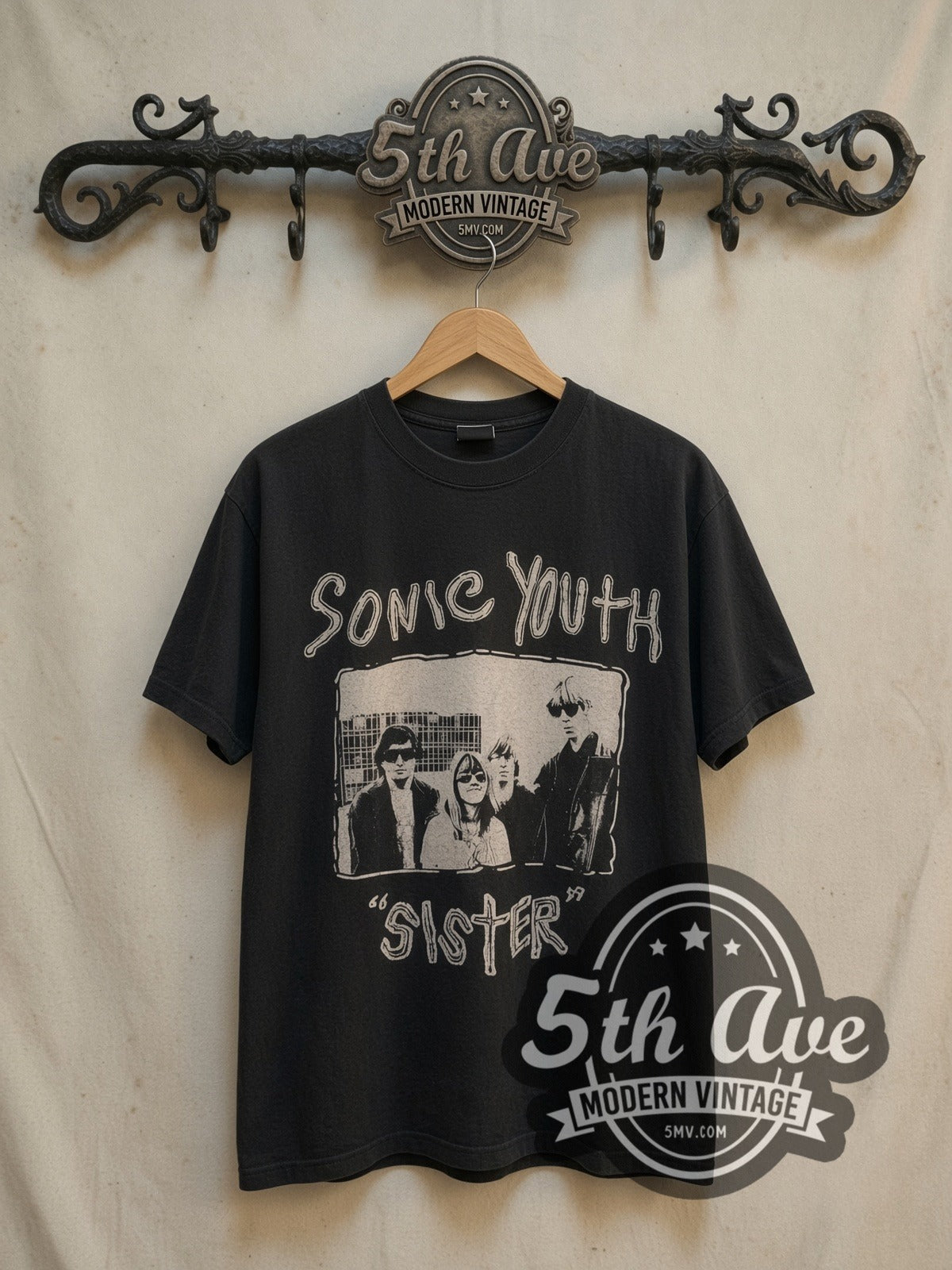 Sonic Youth Sister Band Photo vintage band t-shirt, front view on a display rack