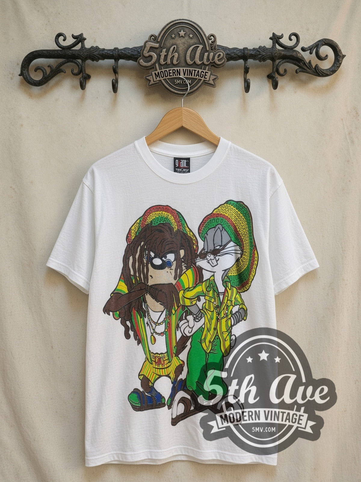 Bugs Bunny and Tasmanian Devil graphic tee, front view on a display rack
