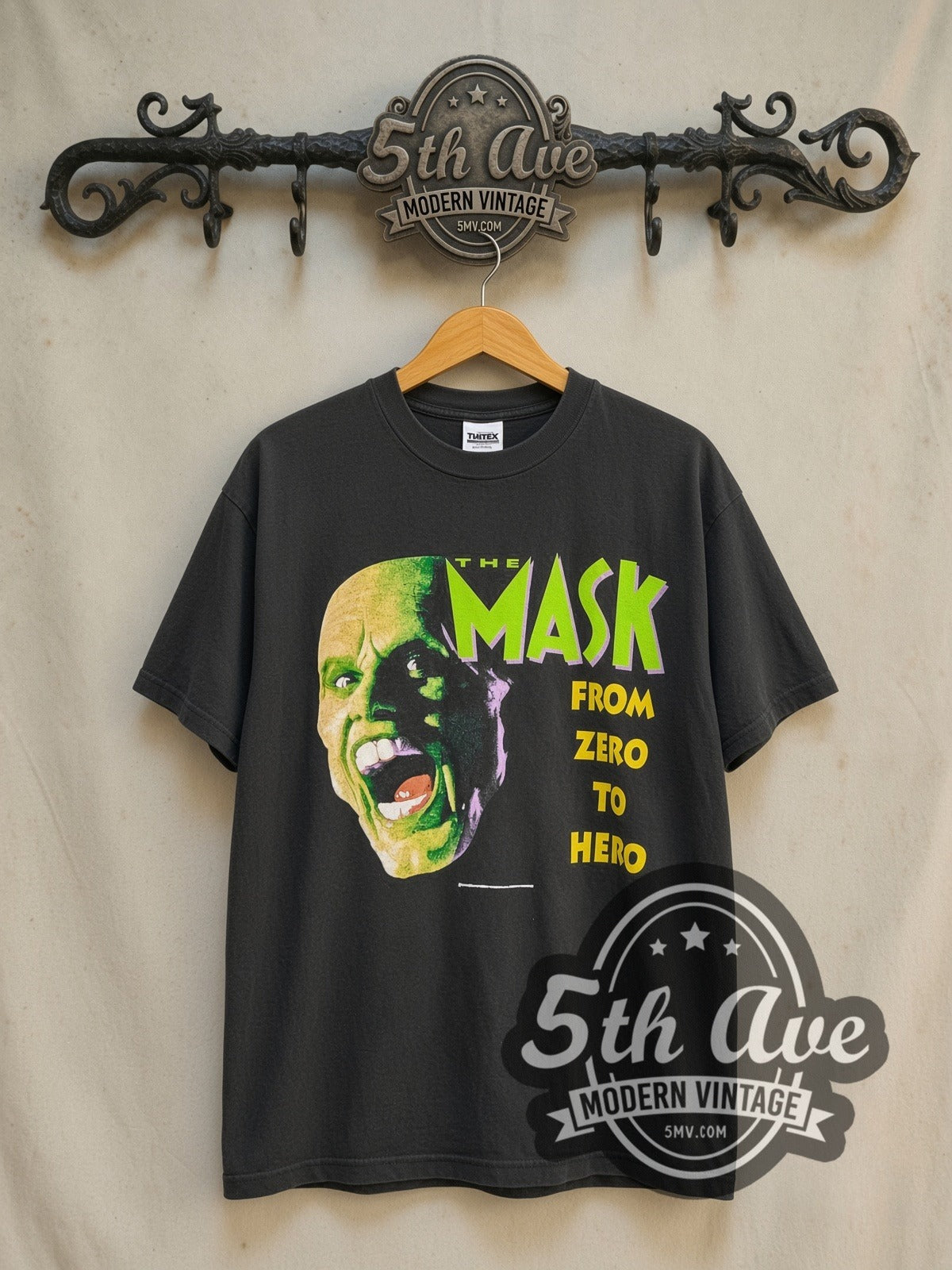 The Mask From Zero to Hero vintage graphic t-shirt, front view on a display rack
