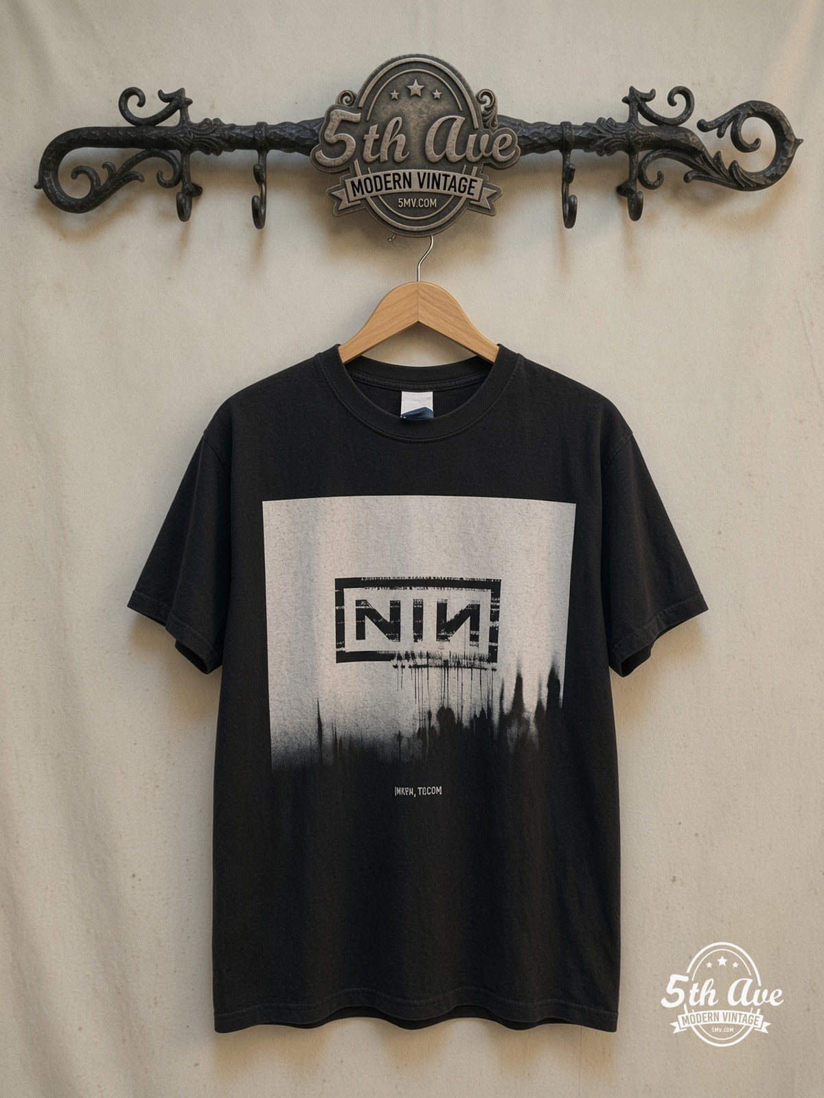 Nine Inch Nails – Vintage Band T-Shirt — front on locked cream ornate 5th Ave rack