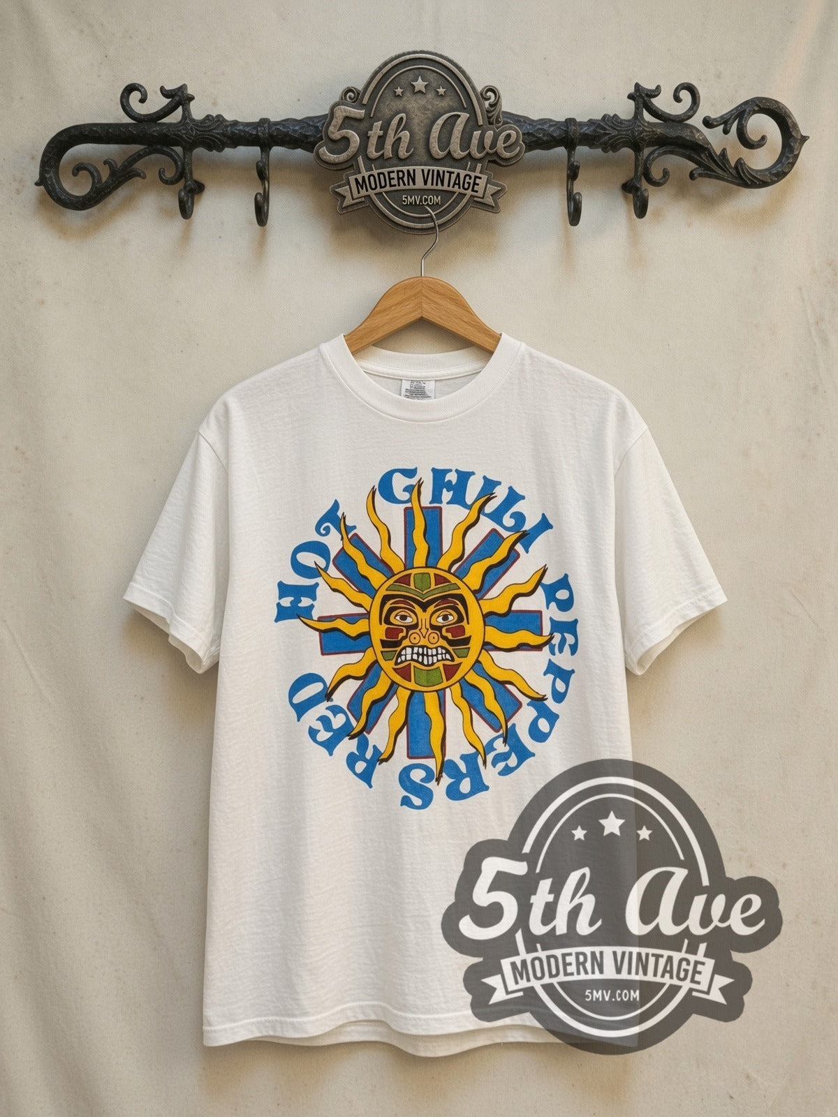 Red Hot Chili Peppers Aeroplane Tour' 1996 vintage band t-shirt in white, front view on a display rack