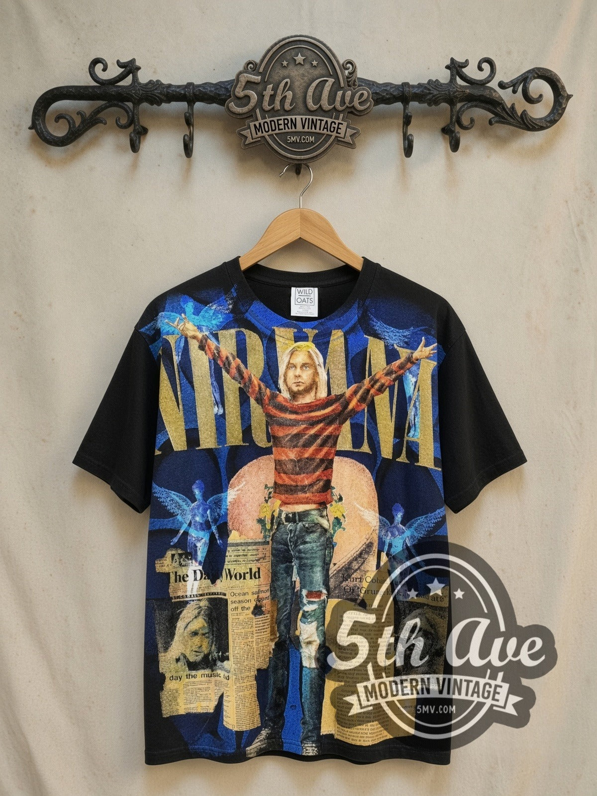 Kurt Cobain Nirvana in The Daily World all-over-print vintage band t-shirt, front view on the 5MV rack