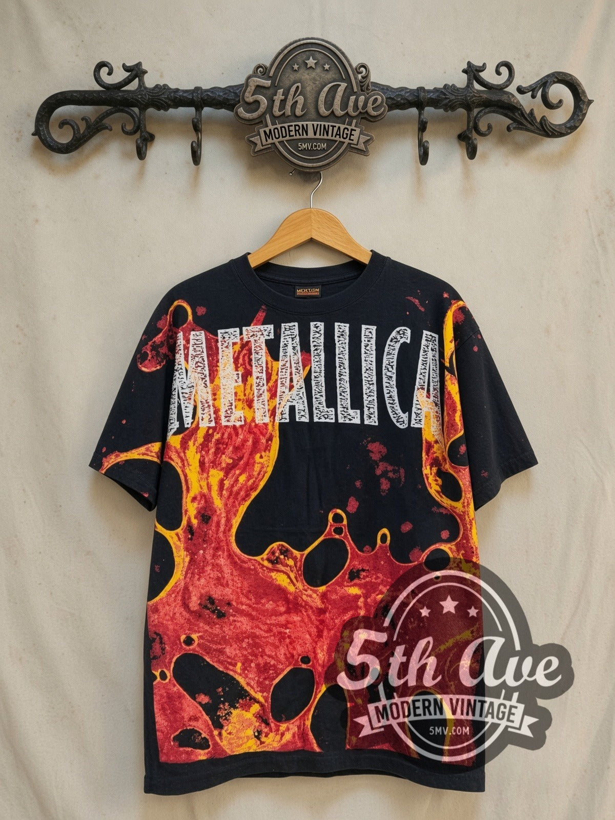 Metallica Reload all-over-print vintage band t-shirt in black, front view on the 5MV rack