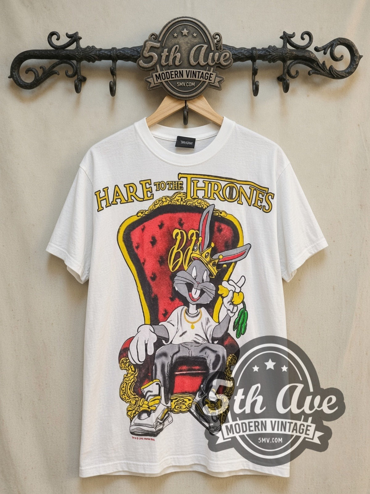 Bugs Bunny Hare to the Throne vintage cartoon tee, front view on a display rack