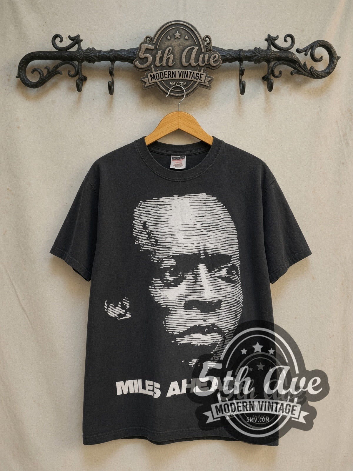 Miles Davis Miles Ahead vintage band t-shirt in black, front view on the 5MV rack