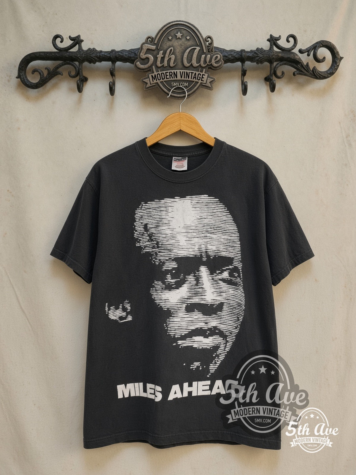 Miles Davis – Miles Ahead – Vintage Band T-Shirt — front on locked cream ornate 5th Ave rack