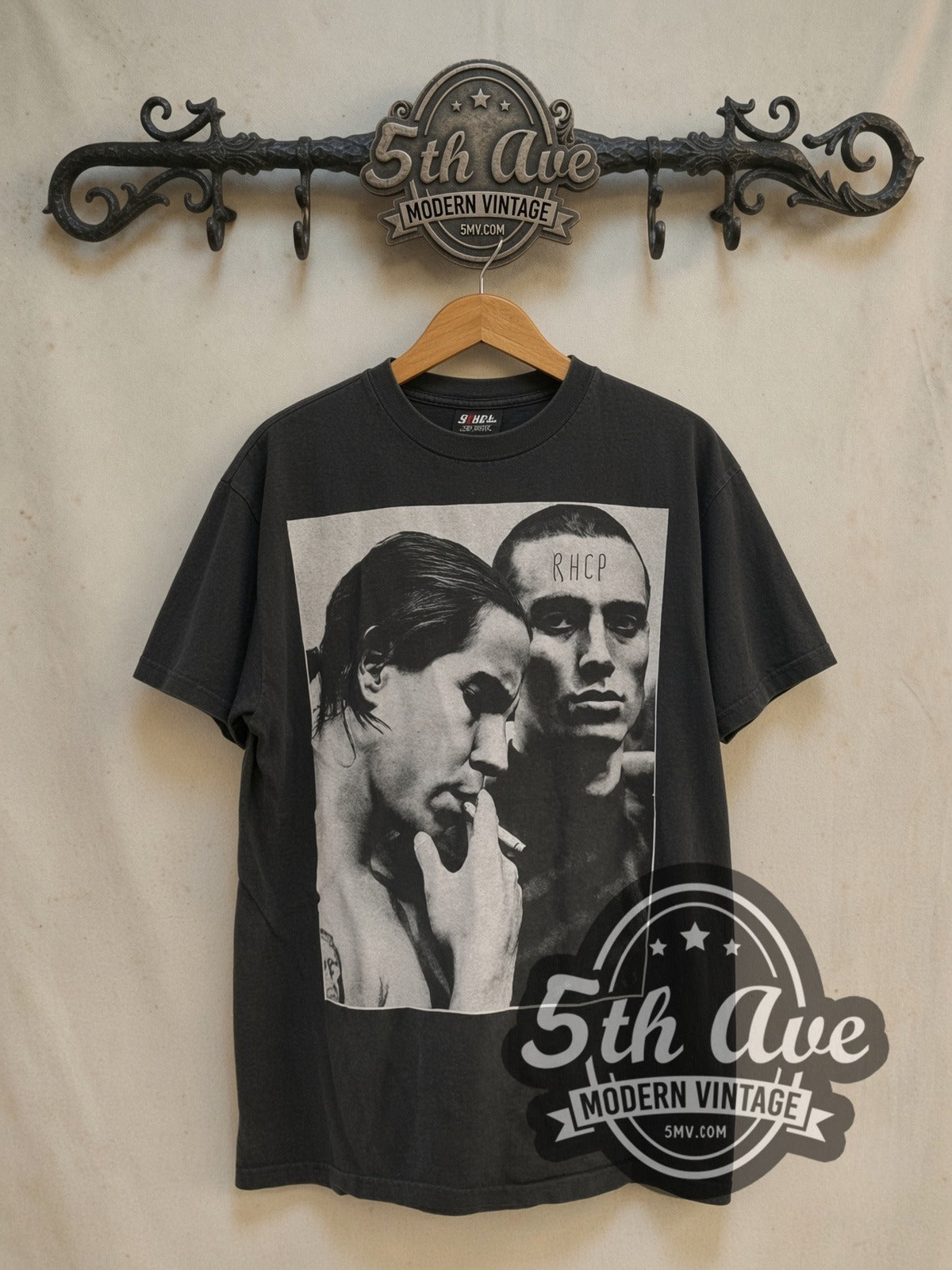 Red Hot Chili Peppers Flea and Anthony Kiedis vintage band t-shirt in black, front view on the 5MV rack
