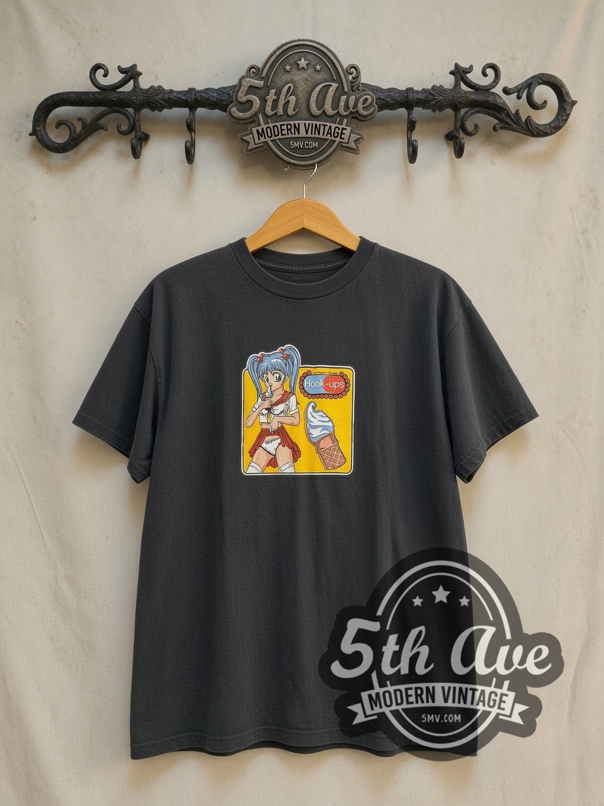 Hook-Ups Ice Cream Girl vintage anime tee in black, front view on a display rack