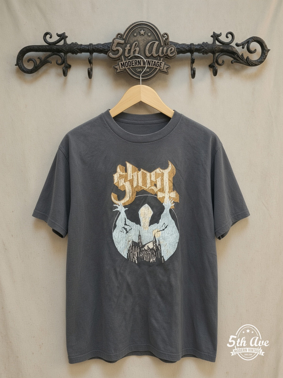 GHOST 100% Cotton New Vintage Band T-Shirt – Vintage Band T-Shirt — front on locked cream ornate 5th Ave rack