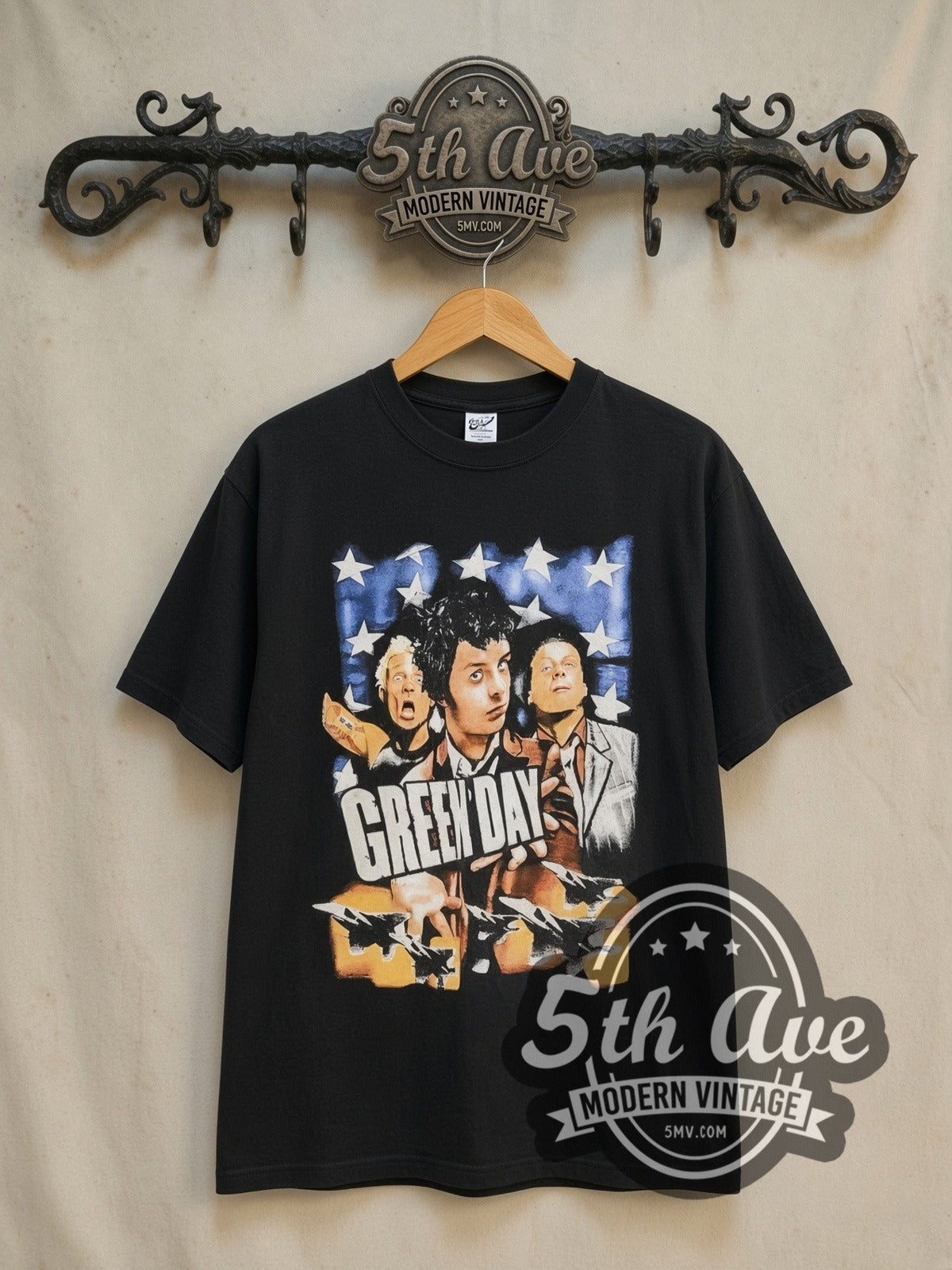Green Day Warning vintage band t-shirt in black, front view on the 5MV rack