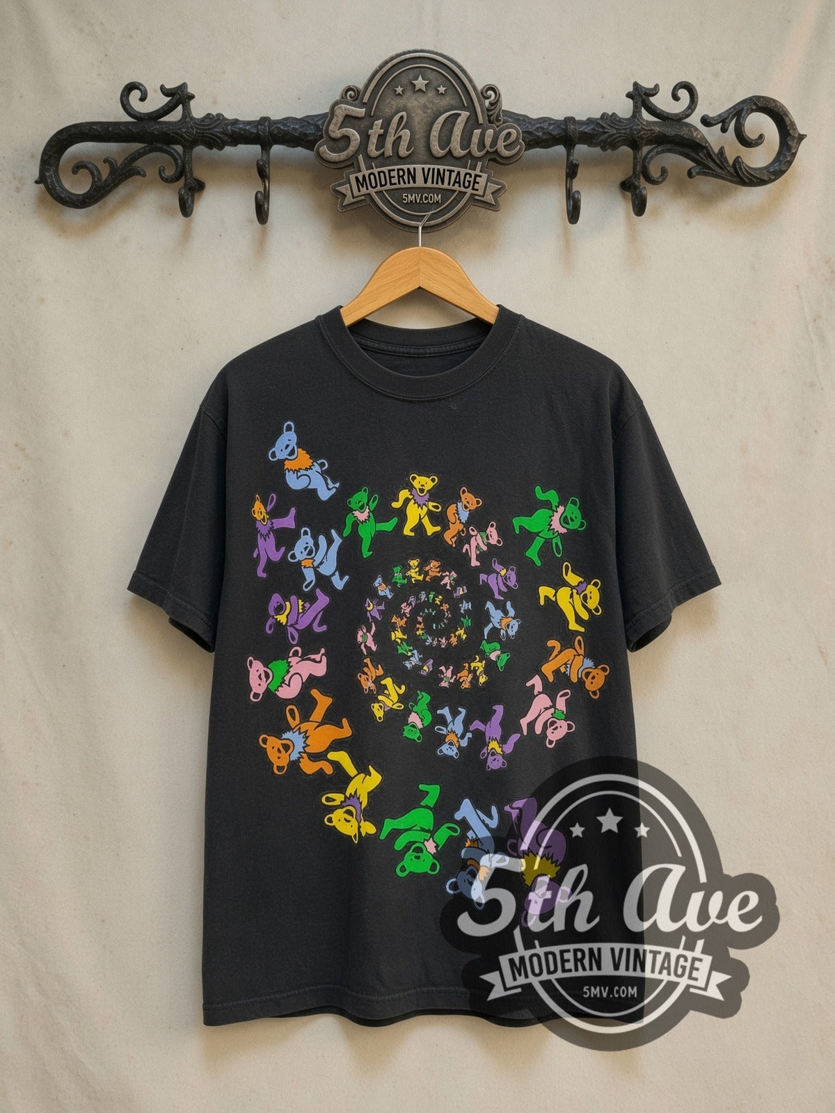 Grateful Dead Colorful Spiral Bear vintage band t-shirt in black, front view on the 5MV rack