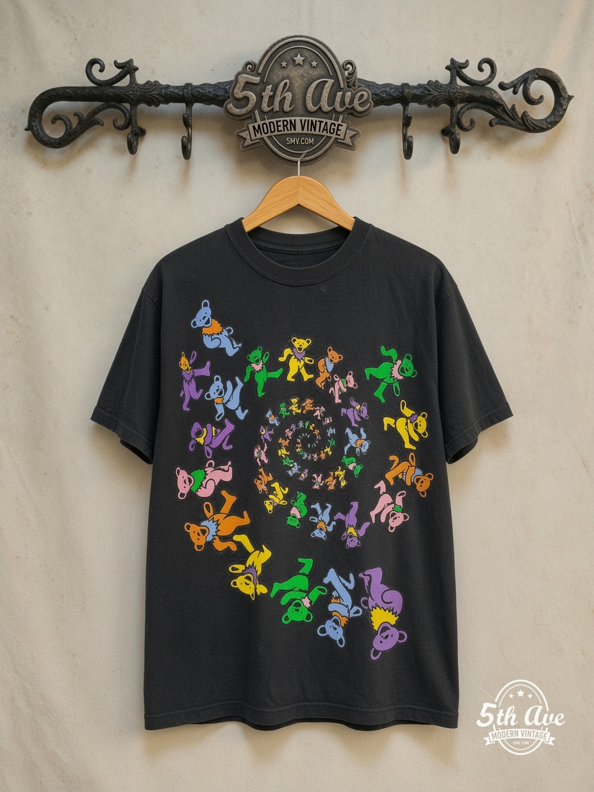 Grateful Dead – Colorful Spiral Bear – Vintage Band T-Shirt — front on locked cream ornate 5th Ave rack