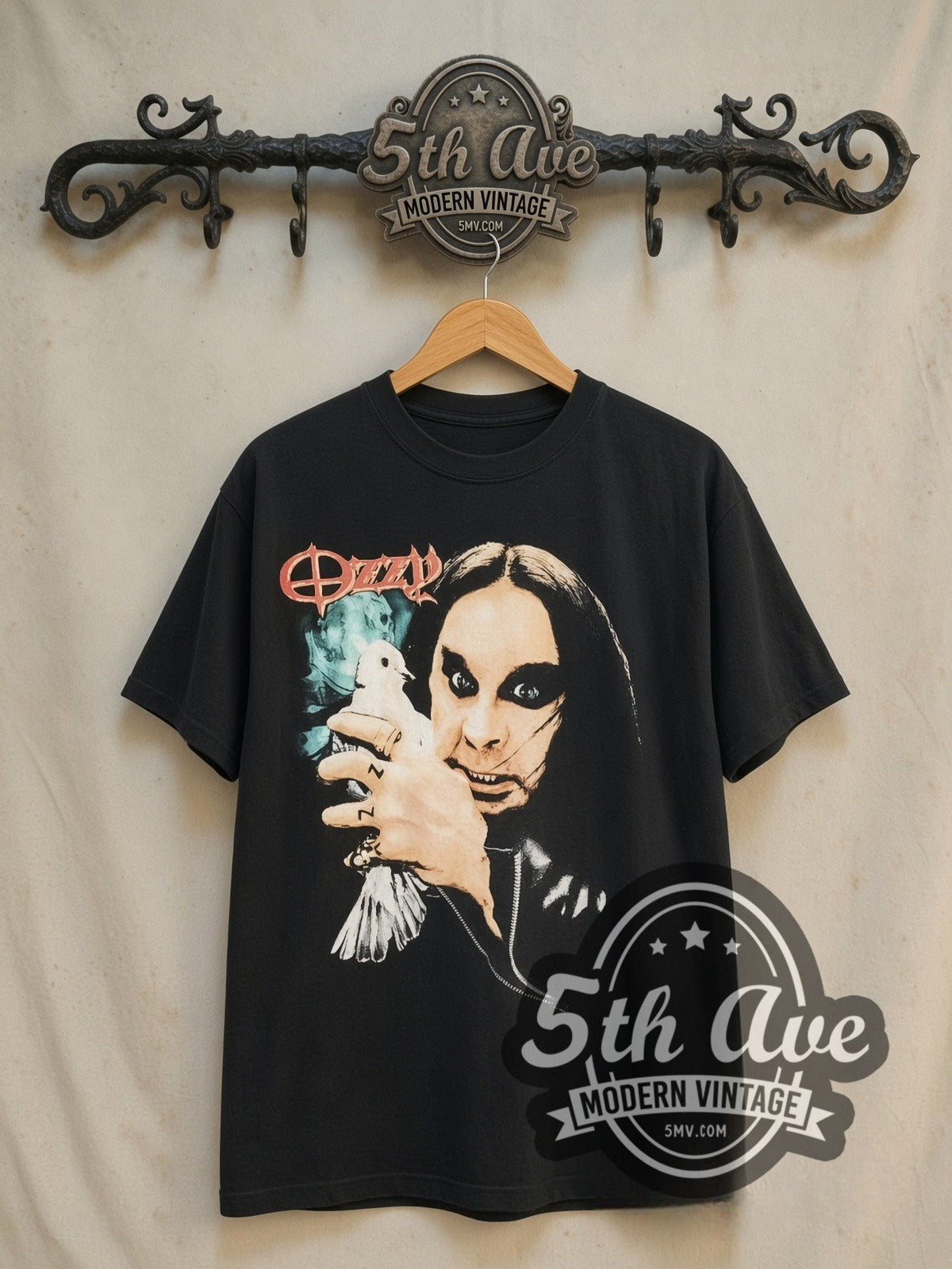 Ozzy Osbourne Dove Holding Portrait Moon vintage band t-shirt in black, front view on the 5MV rack