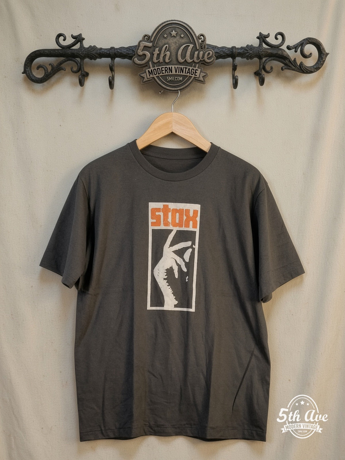 Stax 100% Cotton New Vintage Band T-Shirt – Vintage Band T-Shirt — front on locked cream ornate 5th Ave rack