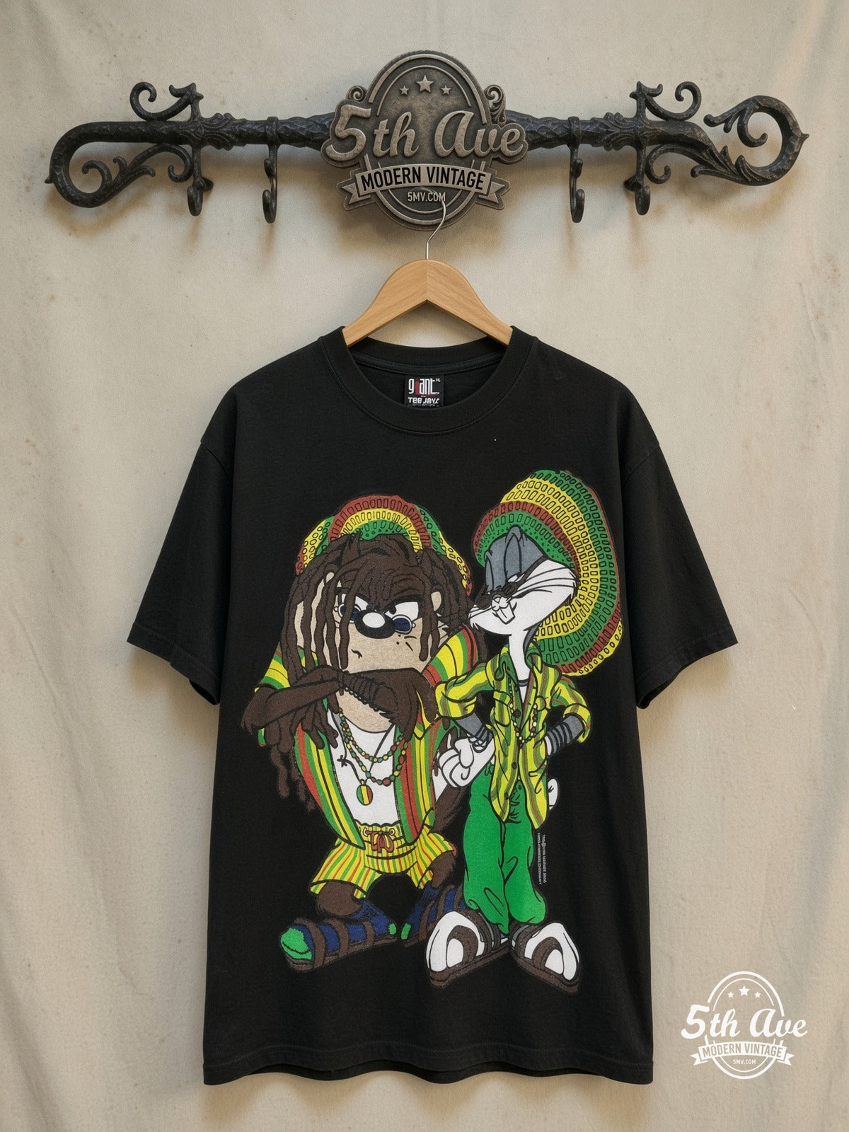 Looney Tunes – Rasta Bugs Bunny and Tasmanian Devil – New Vintage Graphic Tee — front on locked cream ornate 5th Ave rack