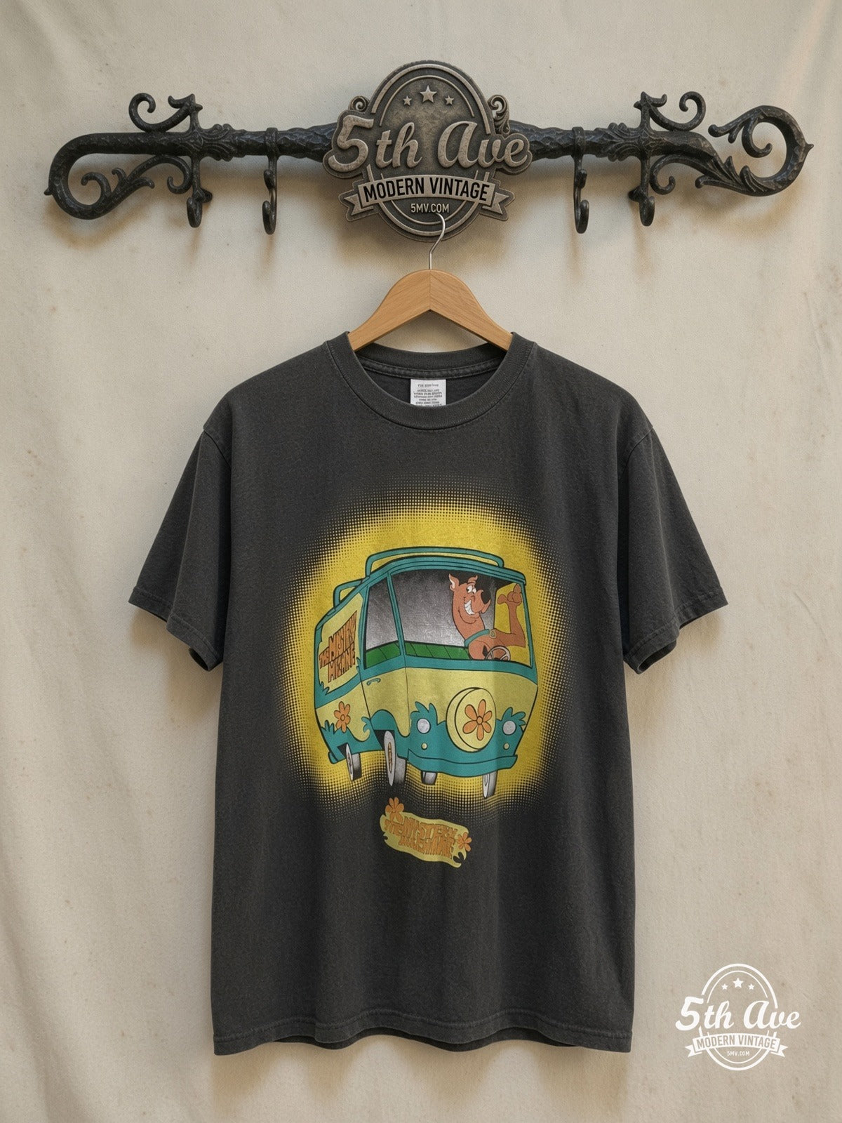 Scooby-Doo – The Mystery Machine – New Vintage Graphic Tee — front on locked cream ornate 5th Ave rack
