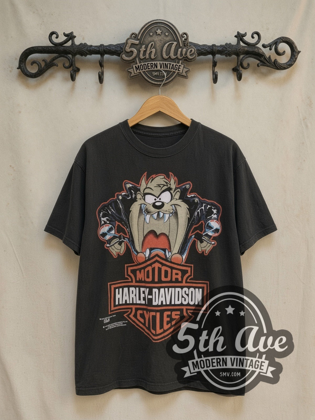 Looney Tunes Taz vintage Harley-Davidson tee, front view on a display rack